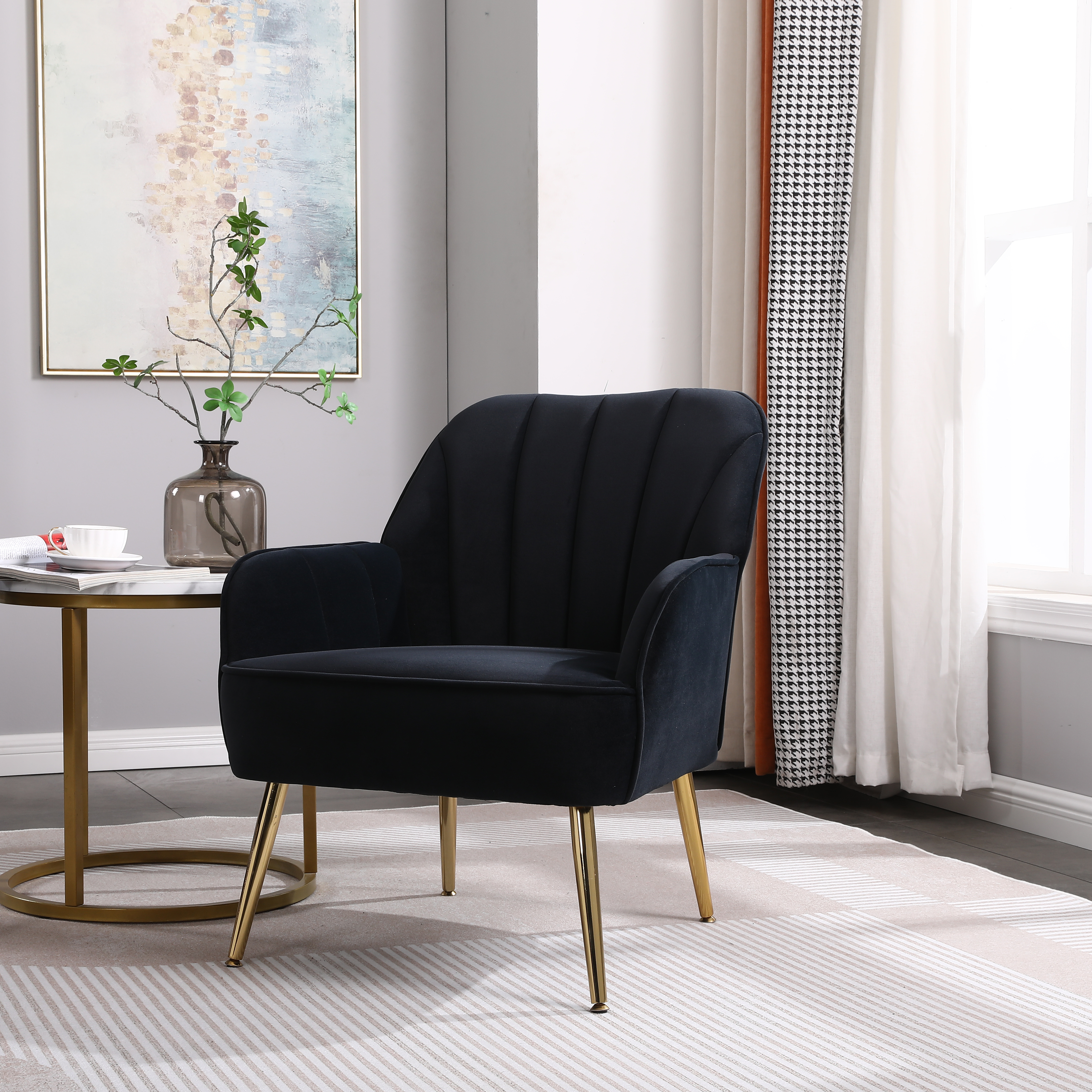 Modern Mid Century Chair velvet  Sherpa Armchair for Living Room Bedroom Office Easy Assemble(NAVY)