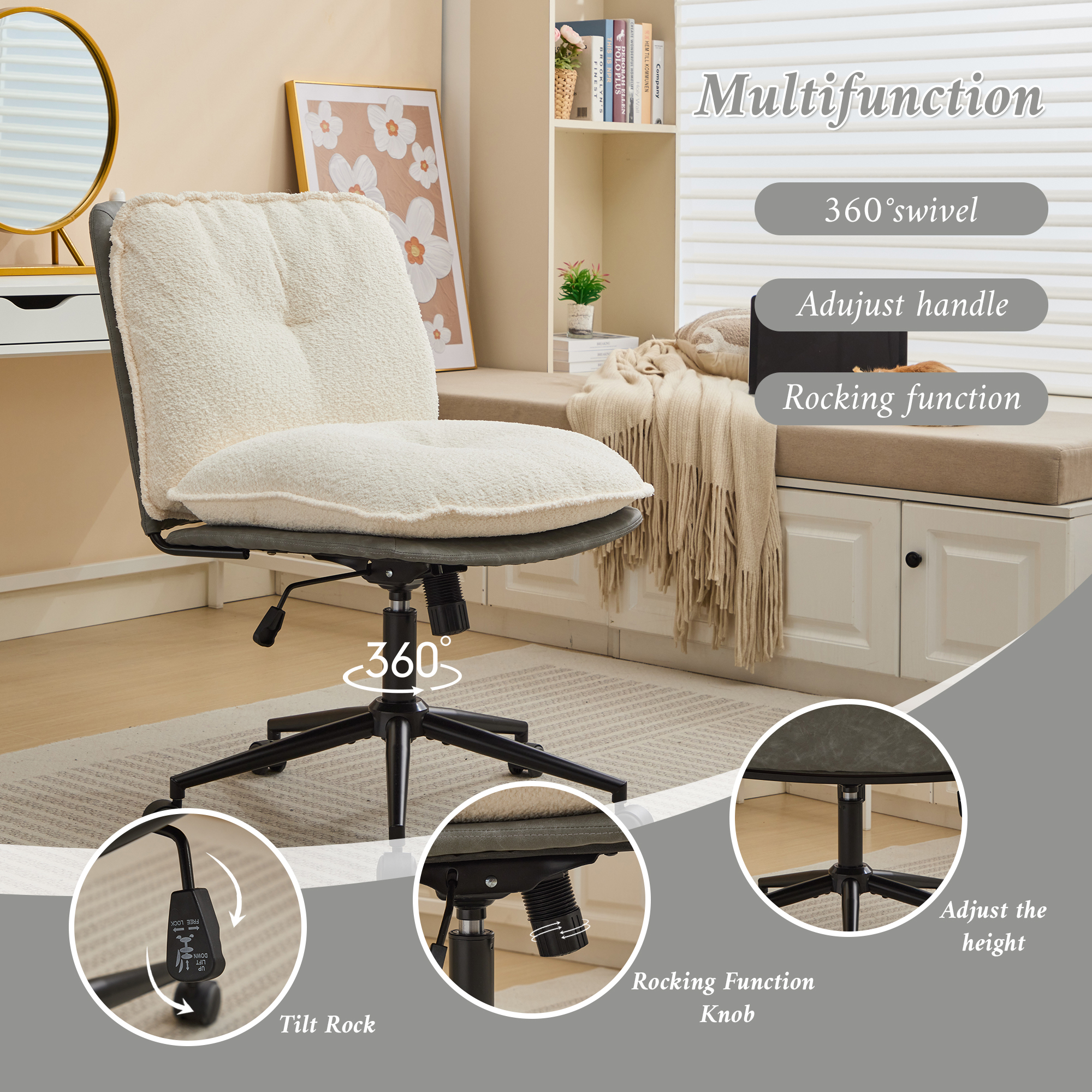 Oversize Seat Cirss Cross Chair with Wheels, Elegant Design Computer Chair, Adjustable Height 360° Rolling Swivel Home Office Chair for Small Space, Dressing Room, Living Room (GRAY+WHITE)