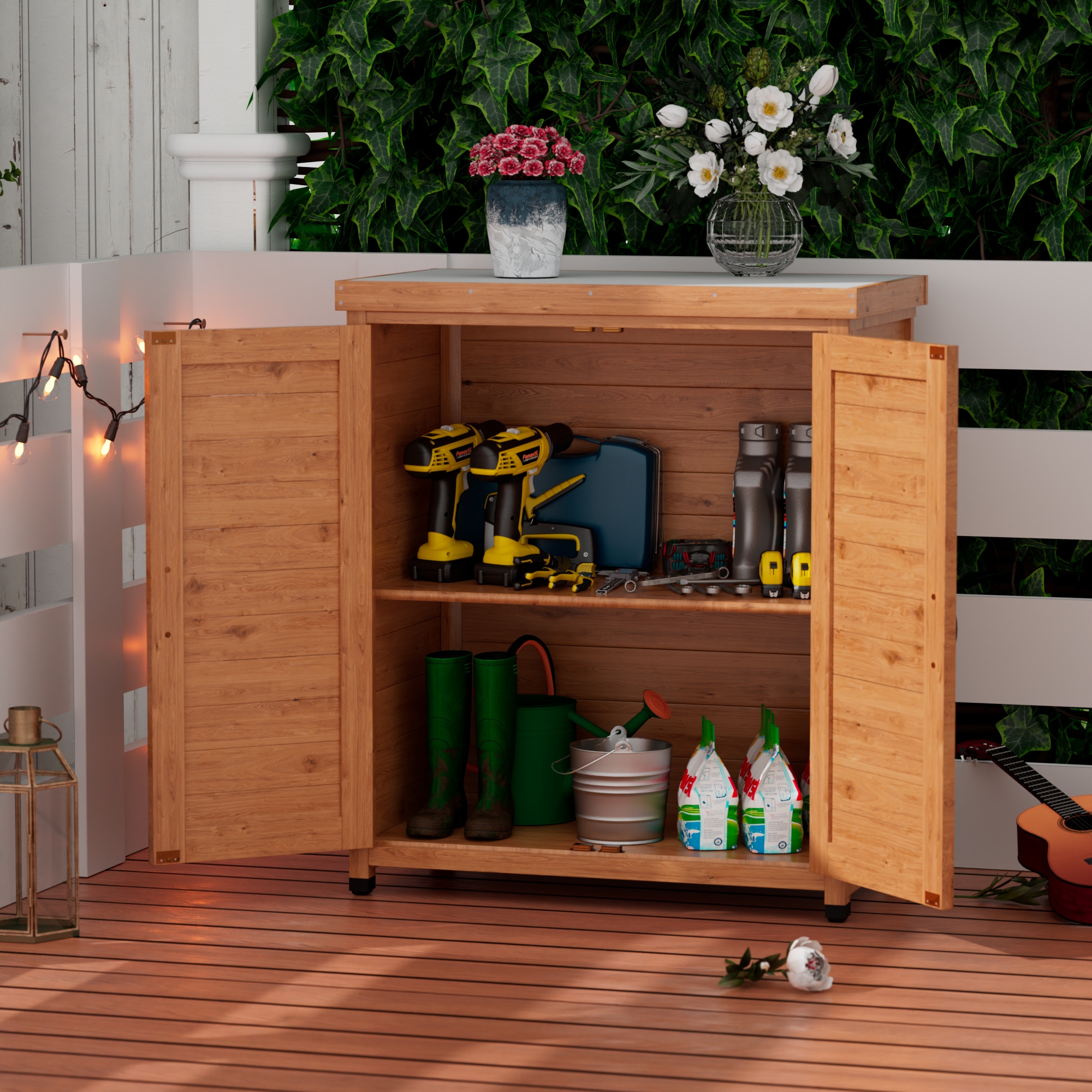 Potting Bench with Storage Cabinet and Metal Table Top for Outdoor Patio,Outdoor Work Station Table