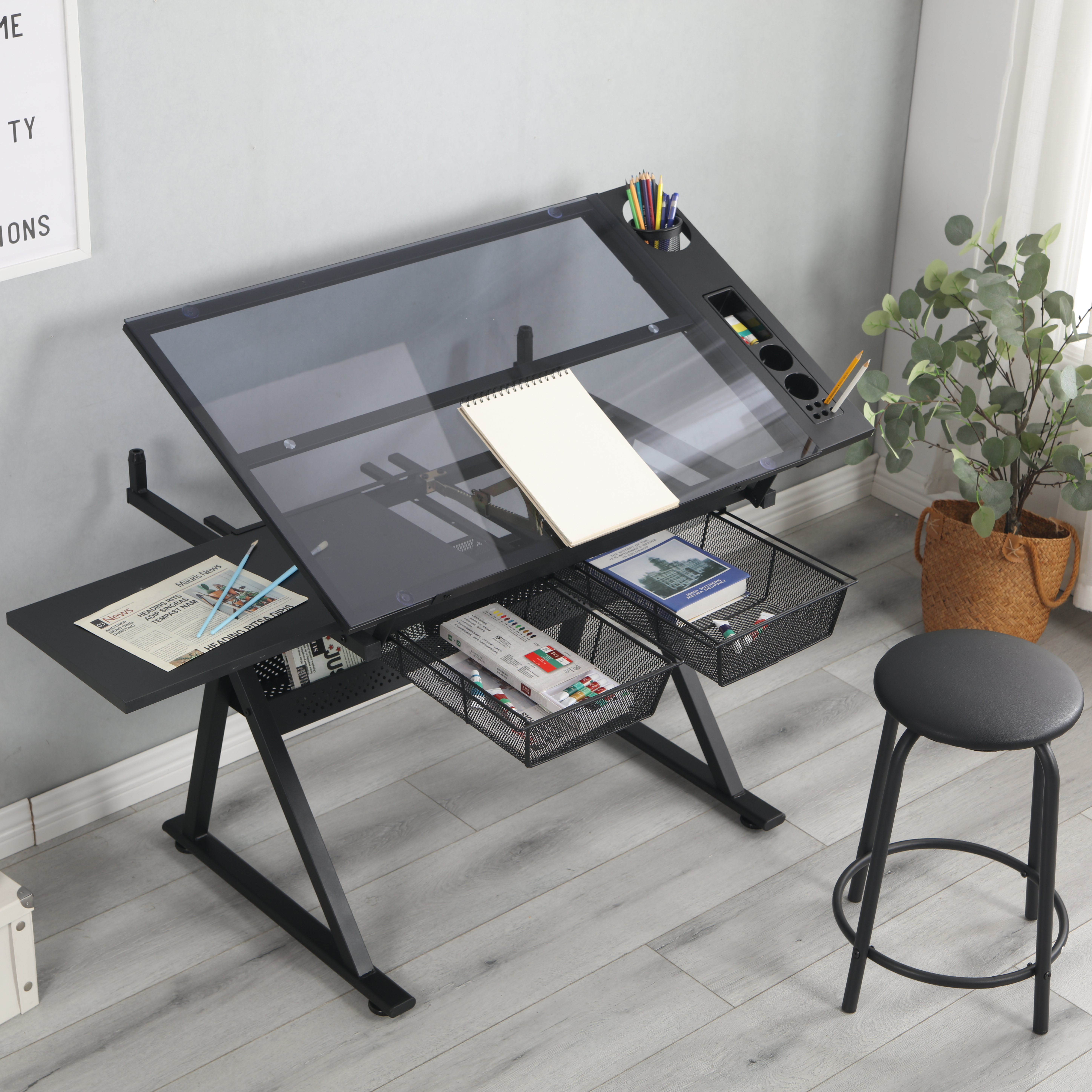 black adjustable tempered glass drafting printing table with chair-Boyel Living