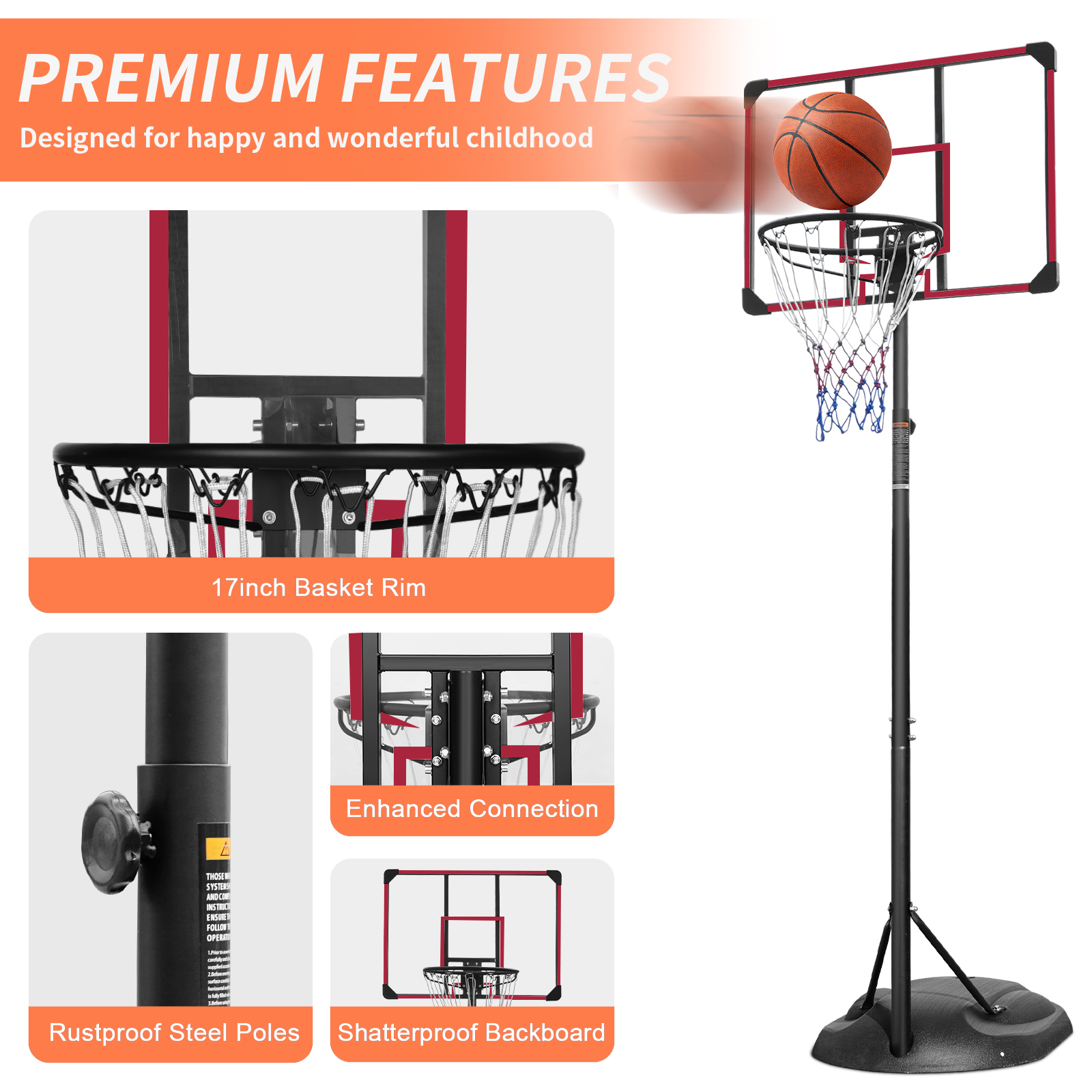 Portable Basketball Hoop System Stand Height Adjustable 7.5ft - 9.2ft with 32 Inch Backboard and Wheels for Youth Adults Indoor Outdoor Basketball Goal