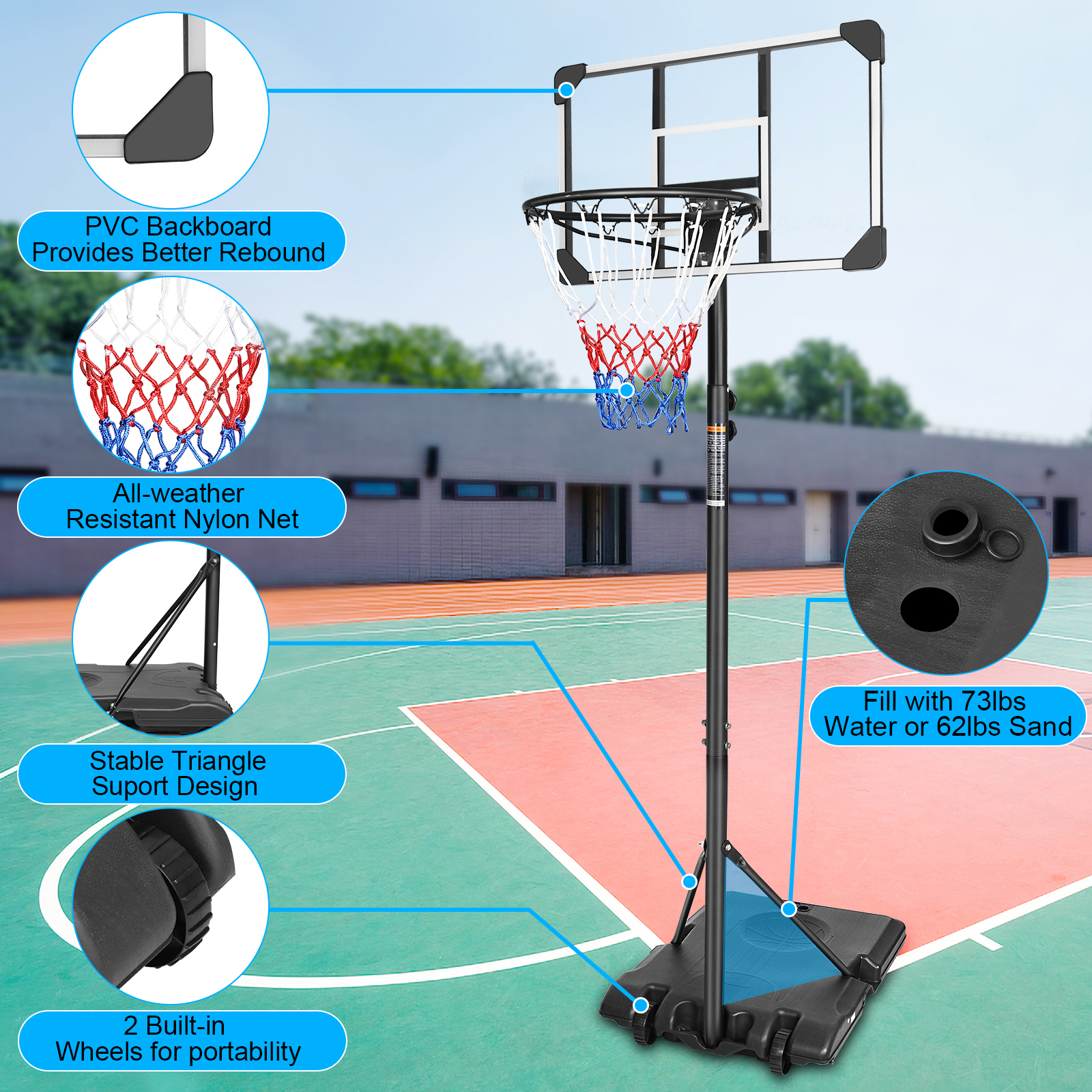 Portable Basketball Goal System with Stable Base and Wheels, use for Indoor Outdoor teenagers youth height adjustable 5.6 to 7ft Basketball Hoop 28 Inch Backboard