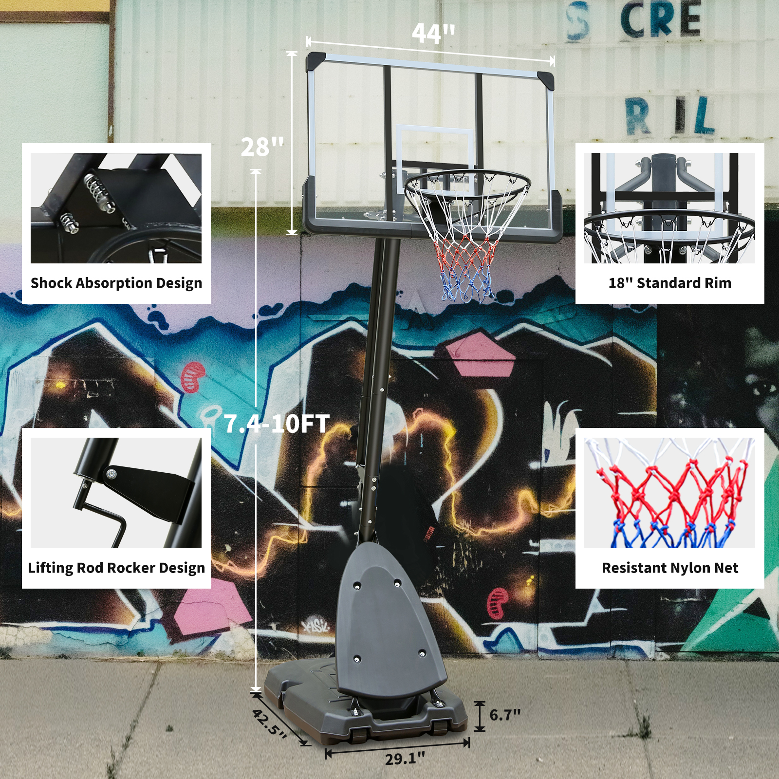 Use for Outdoor Height Adjustable 7.5 to 10ft Basketball Hoop 44 Inch Backboard Portable Basketball Goal System with Stable Base and Wheels