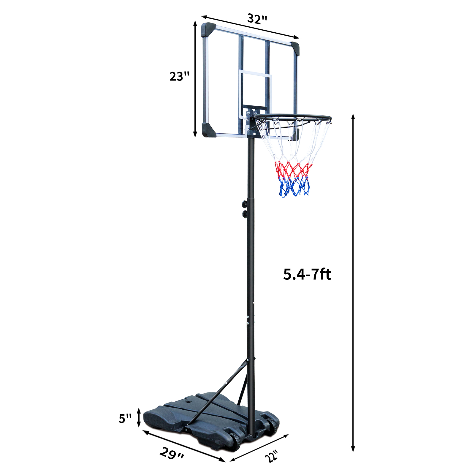 Portable Basketball Hoop Stand w/Wheels for Kids Youth Adjustable Height 5.4ft - 7ft Use for Indoor Outdoor Basketball Goals Play Set