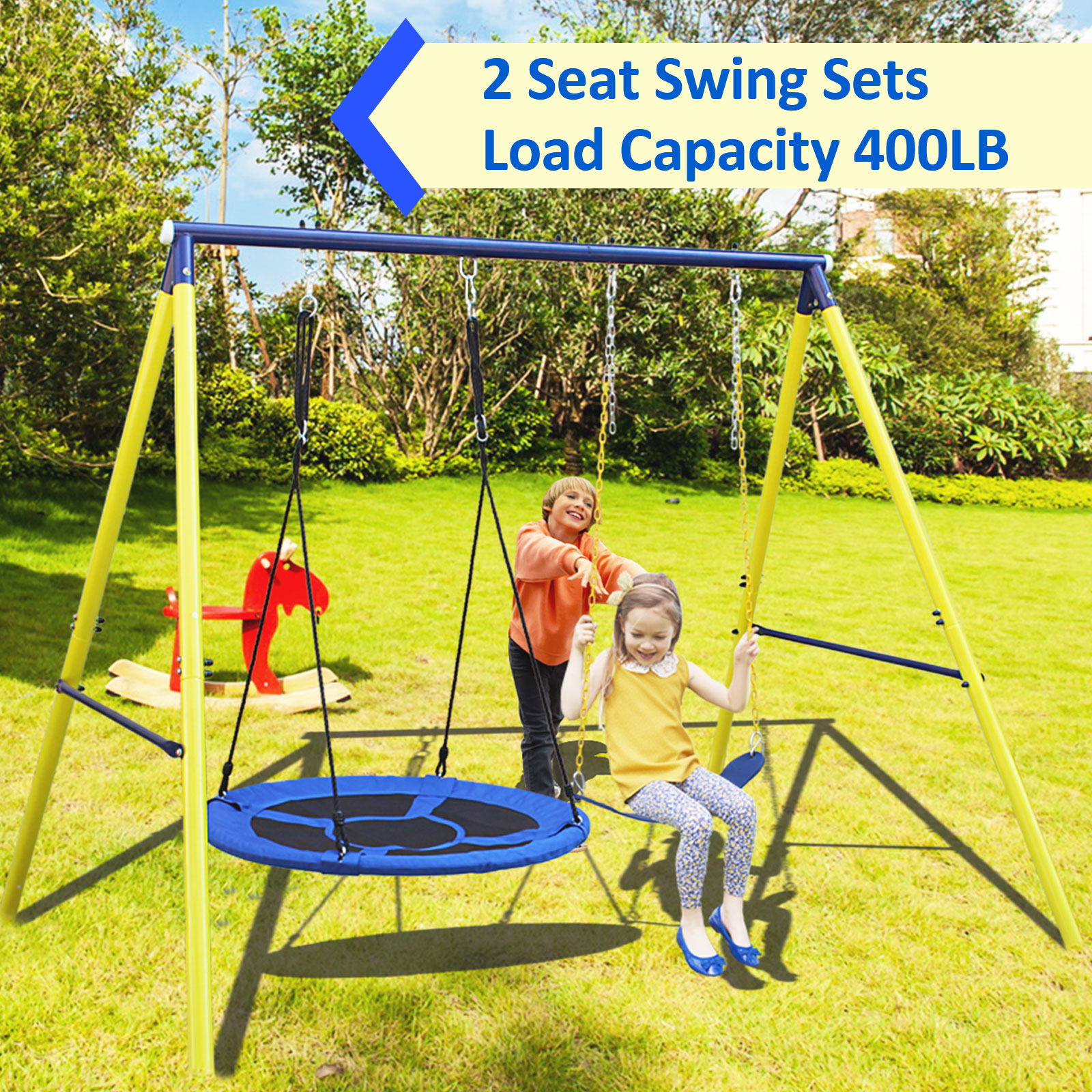 Indoor/Outdoor Metal Swing Set with Safety Belt for Backyard