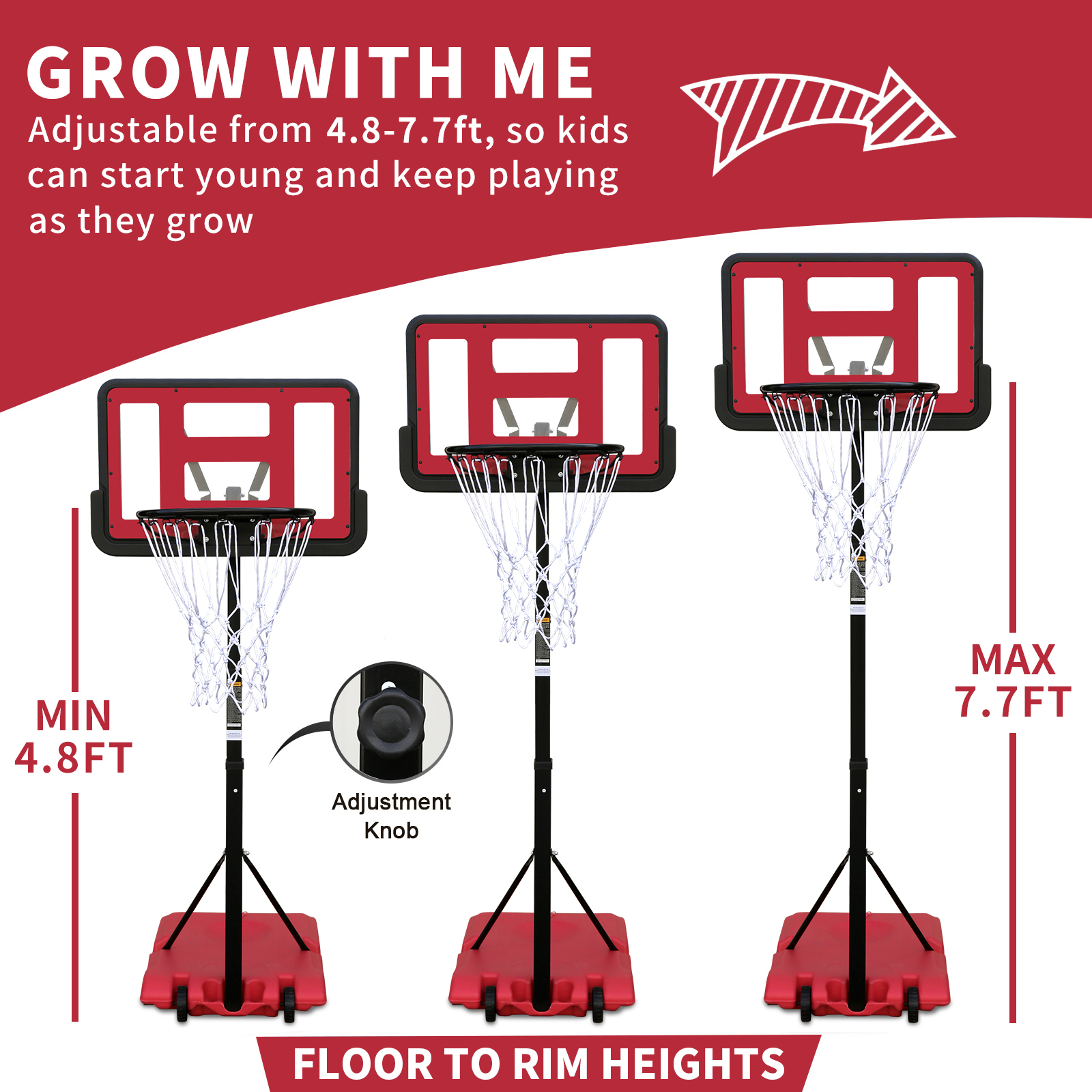 Use for Outdoor Height Adjustable 4.8 to 7.7ft Basketball Hoop 44 Inch Backboard Portable Basketball Goal System with Stable Base and Wheels