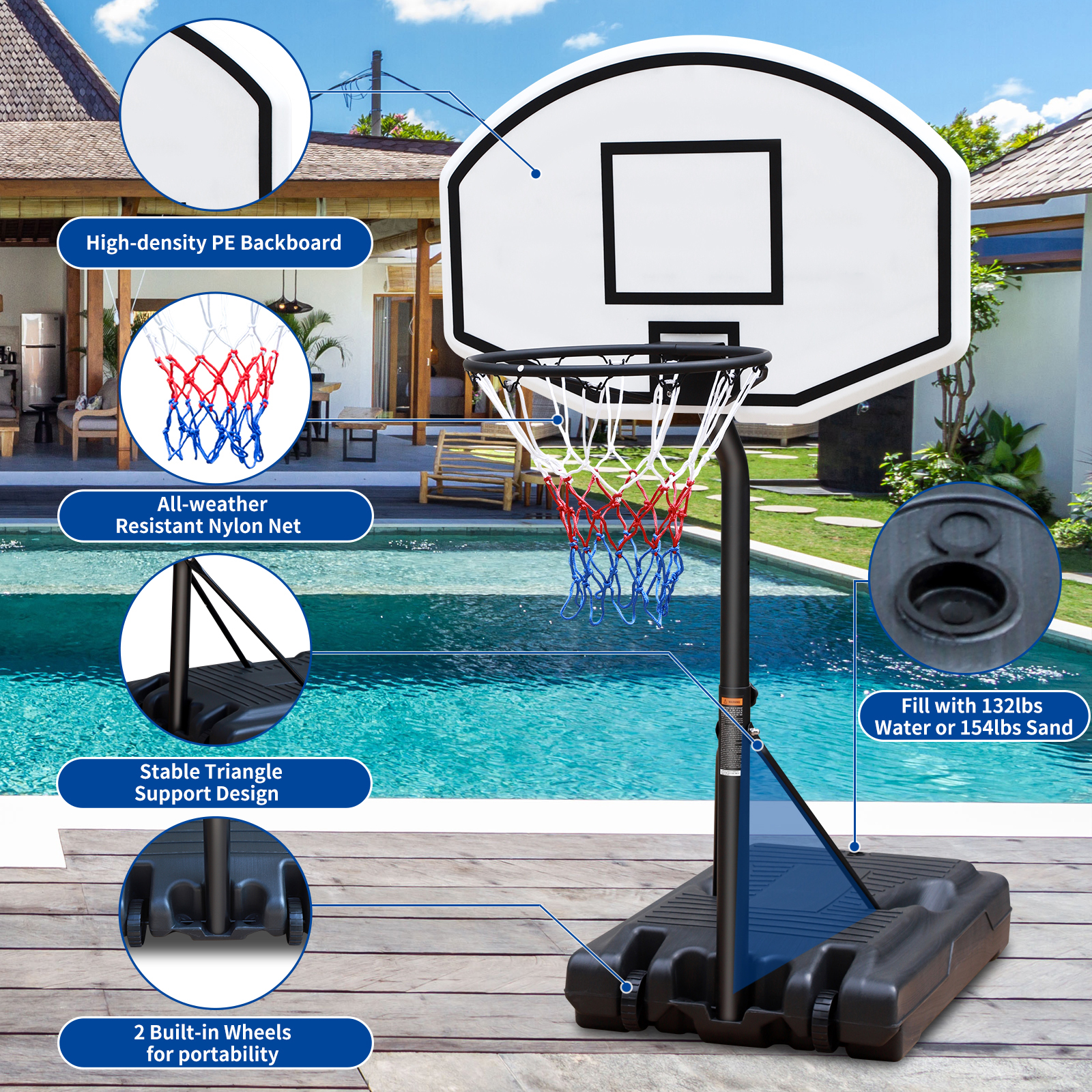 Portable Poolside Basketball Hoop Swimming Pool 3.1ft to 4.7ft Height-Adjustable Basketball System Goal Stand for Kids