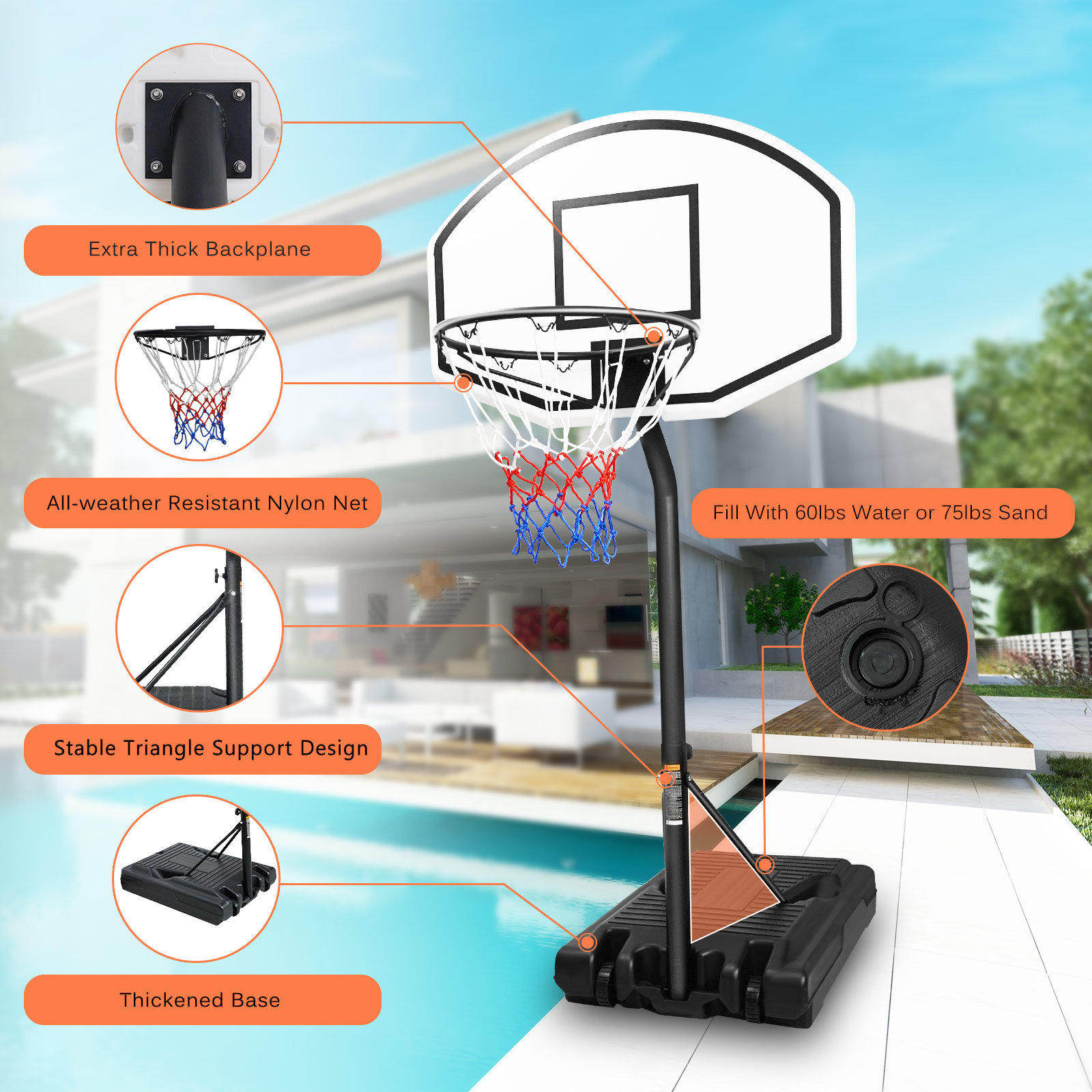 Portable Poolside Basketball Hoop Swimming Pool 3.1ft to 4.7ft Height-Adjustable Basketball System Goal Stand for Kids