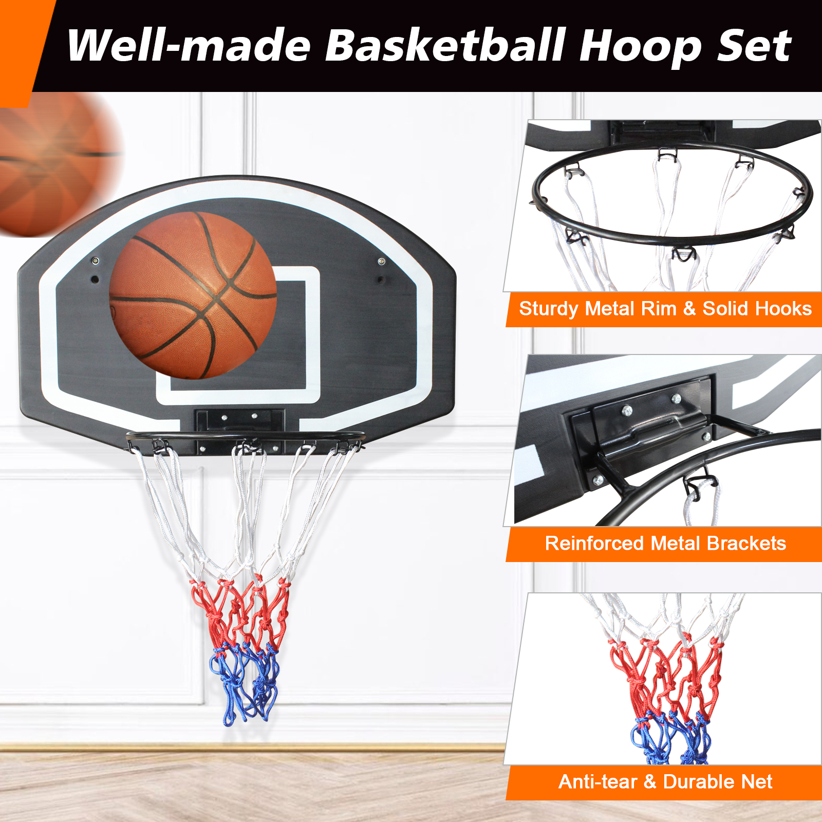 Wall-mounted basketball hoop, 28.5 x 18 inches shatterproof back, folding hoop, durable hoop and all-weather mesh for indoor and outdoor use