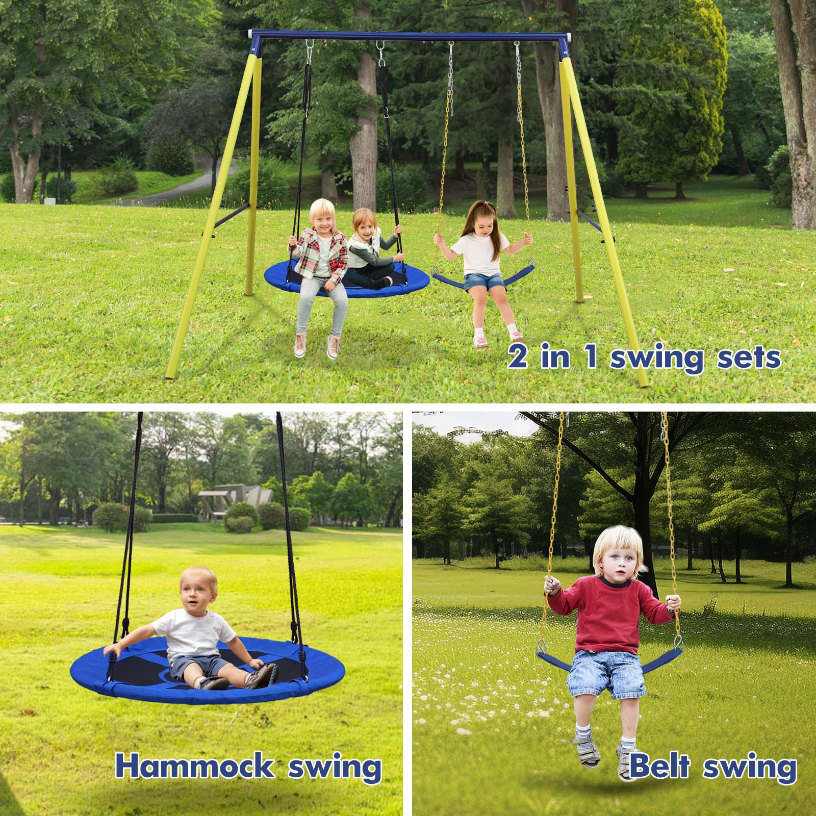 Indoor/Outdoor Metal Swing Set with Safety Belt for Backyard