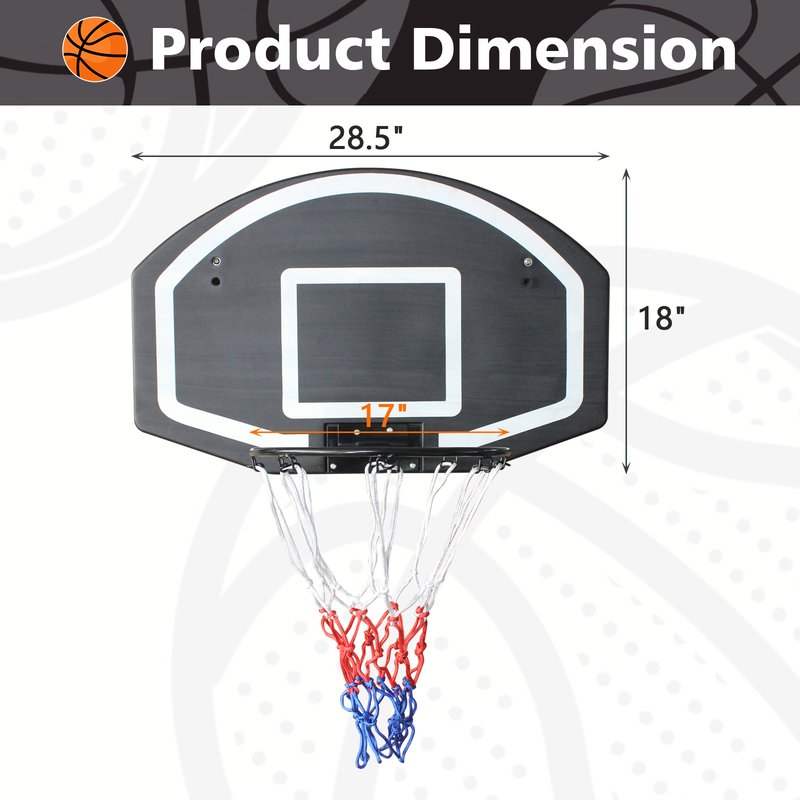 Wall-mounted basketball hoop, 28.5 x 18 inches shatterproof back, folding hoop, durable hoop and all-weather mesh for indoor and outdoor use