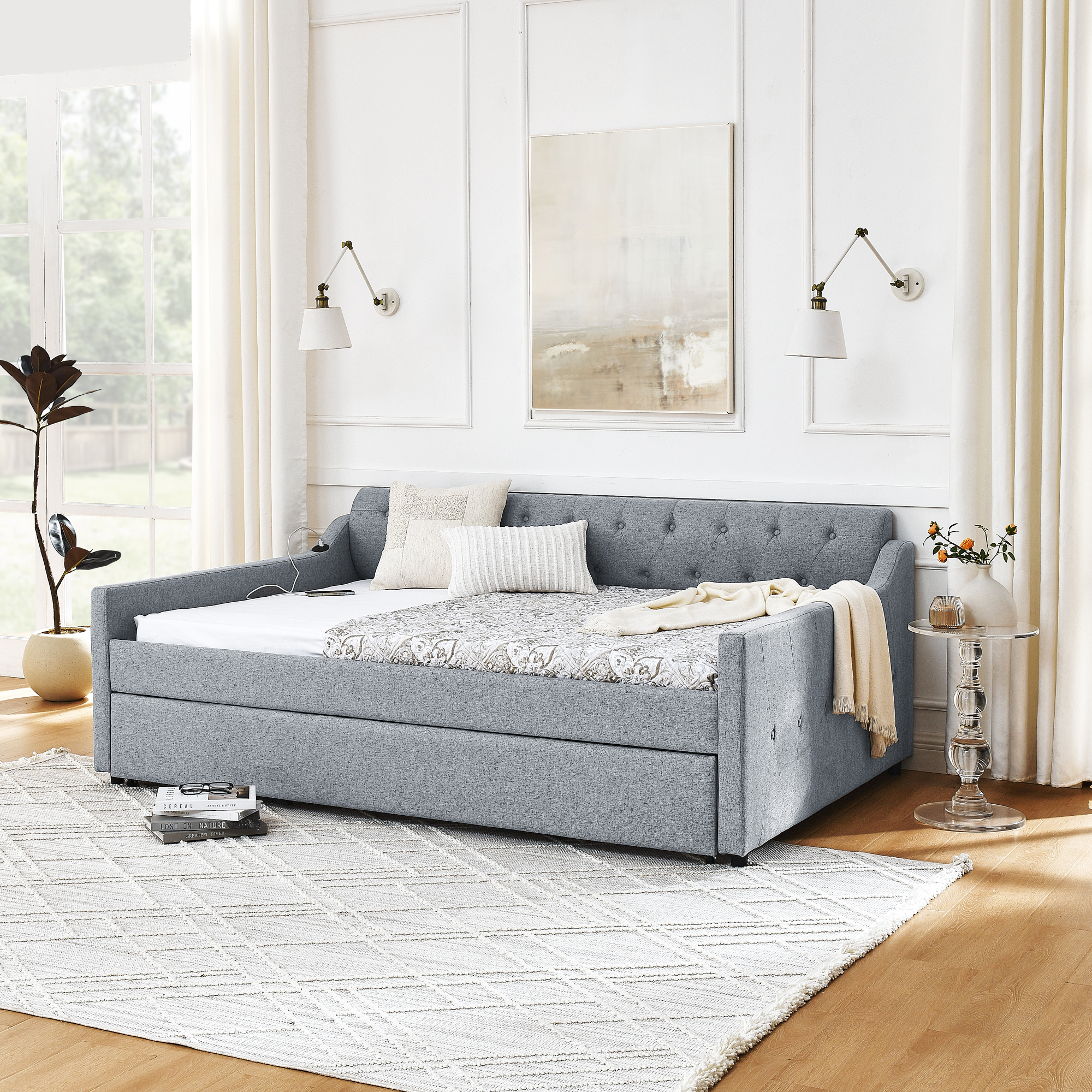 Full Size Upholstery DayBed with Twin Size Erectable Trundle and USB Charging Design, Linen Grey