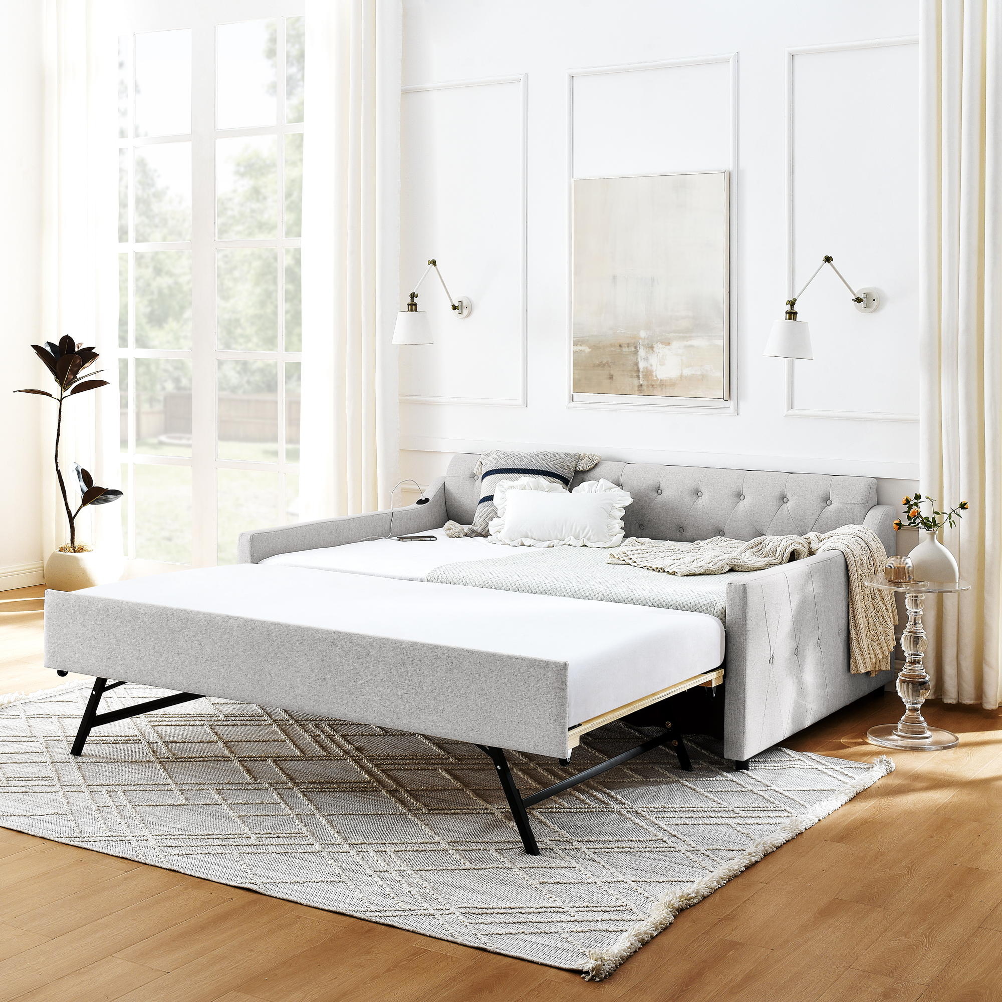 Full Size Upholstery DayBed with Twin Size Erectable Trundle and USB Charging Design, Linen Beige