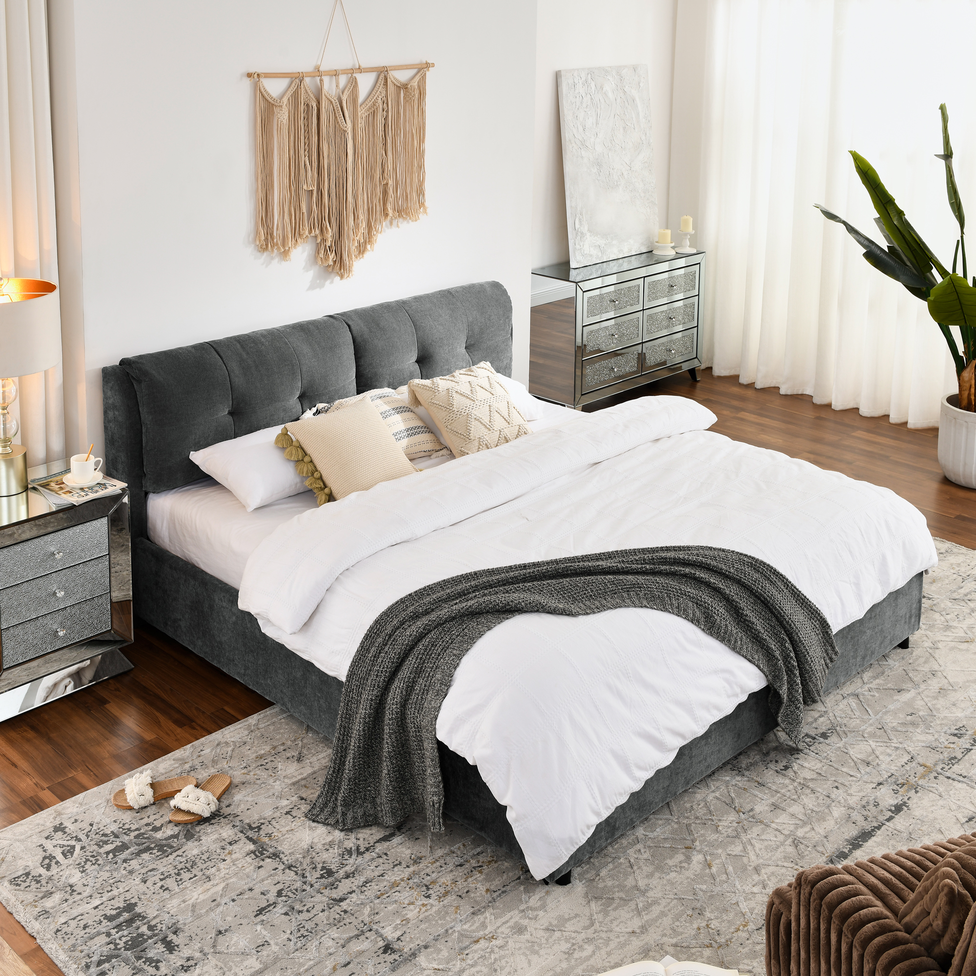 King Size Storage Upholstered Hydraulic Platform Bed with Integrated Headboard, Chenille Fabric, Gray