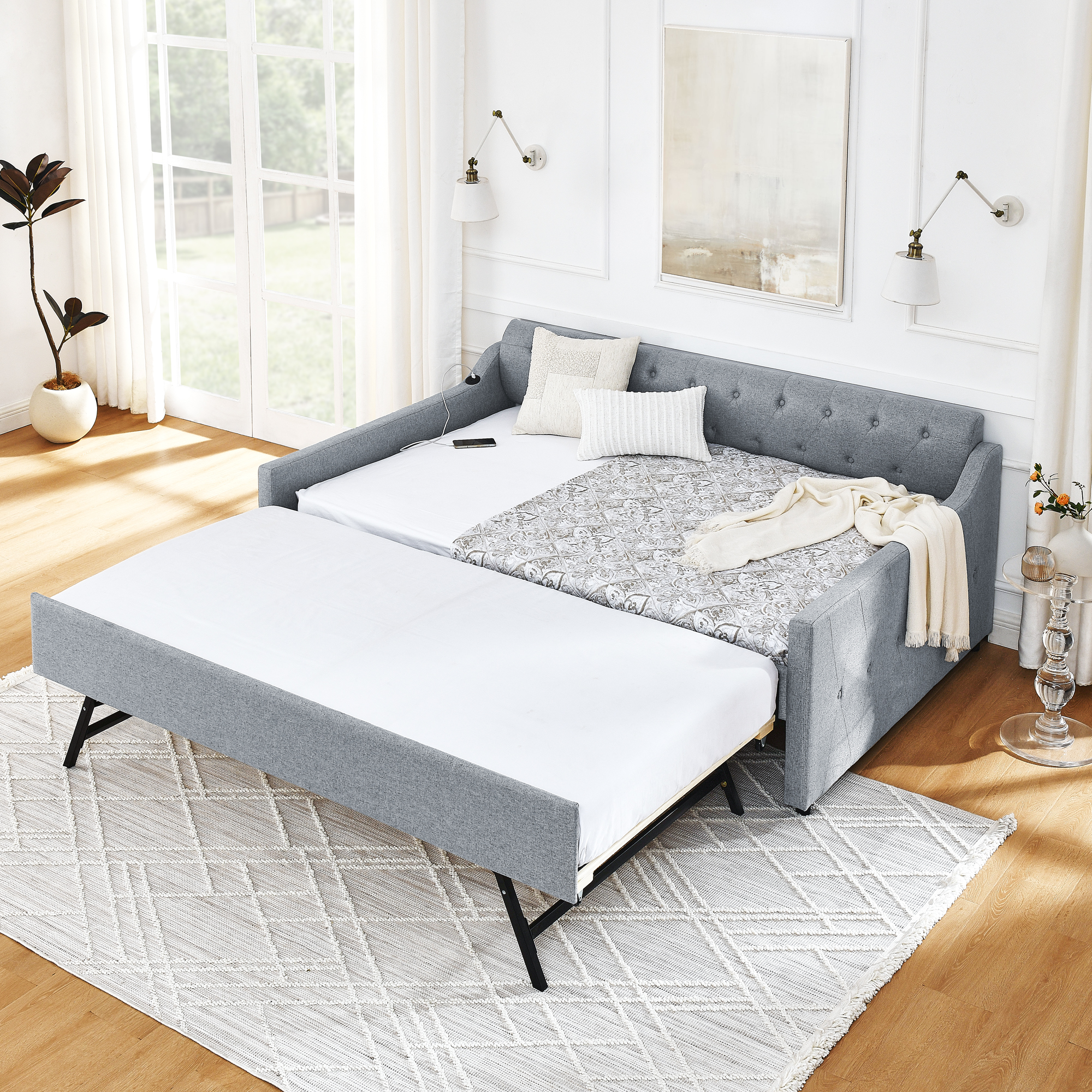 Full Size Upholstery DayBed with Twin Size Erectable Trundle and USB Charging Design, Linen Grey