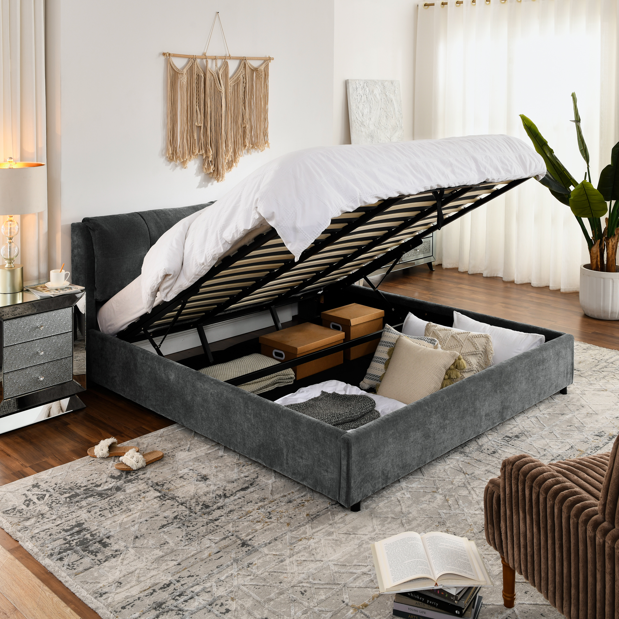 King Size Storage Upholstered Hydraulic Platform Bed with Integrated Headboard, Chenille Fabric, Gray