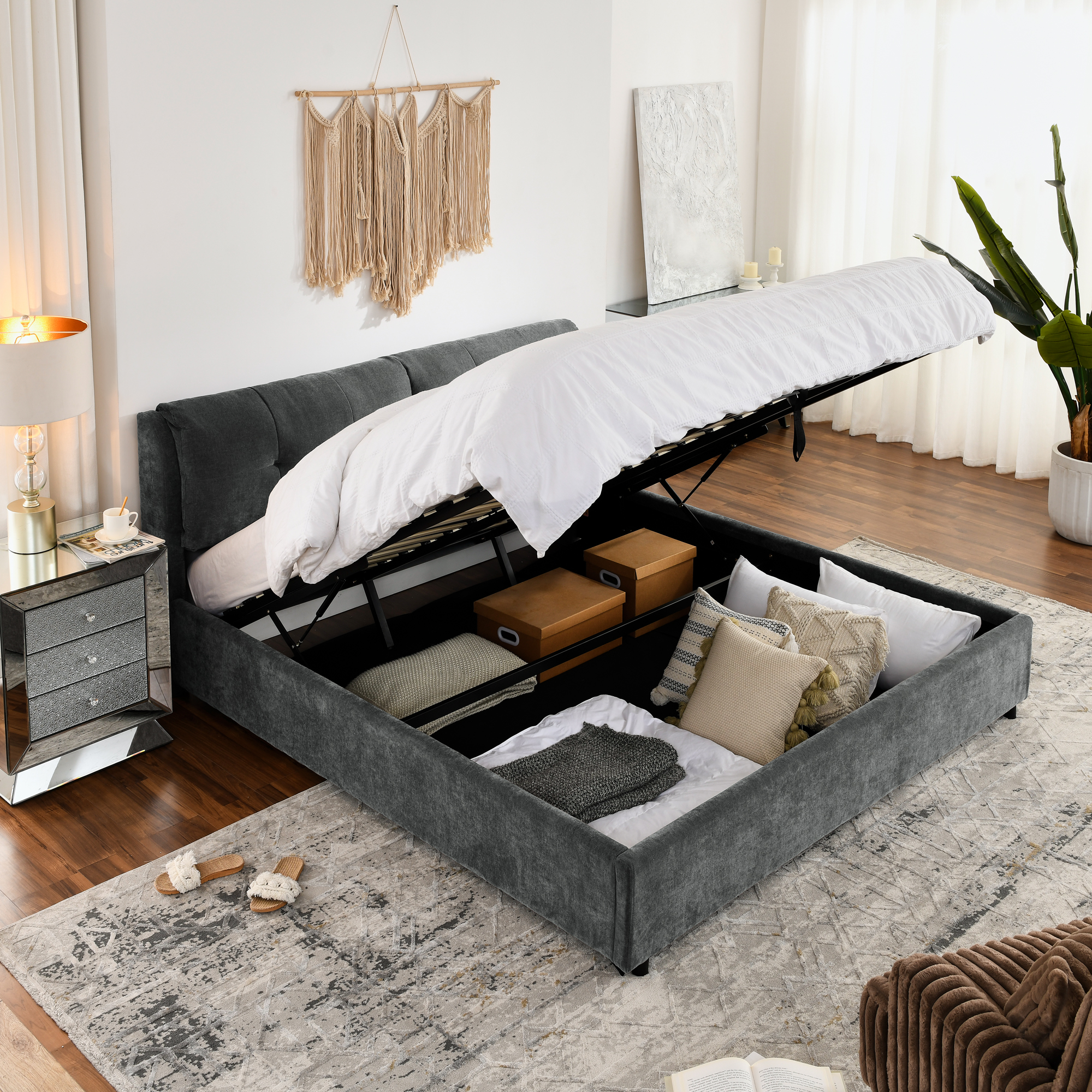 King Size Storage Upholstered Hydraulic Platform Bed with Integrated Headboard, Chenille Fabric, Gray