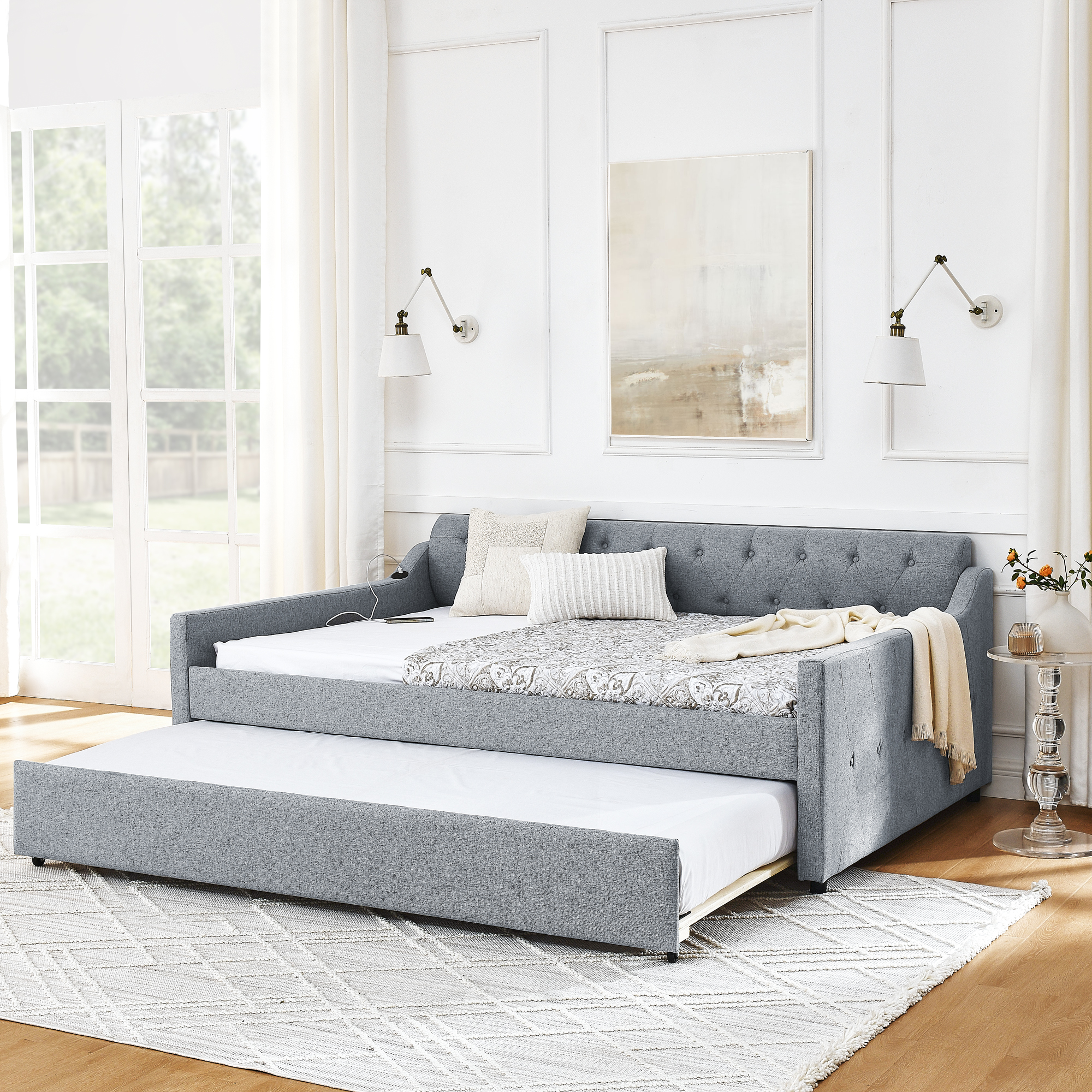 Full Size Upholstery DayBed with Twin Size Erectable Trundle and USB Charging Design, Linen Grey