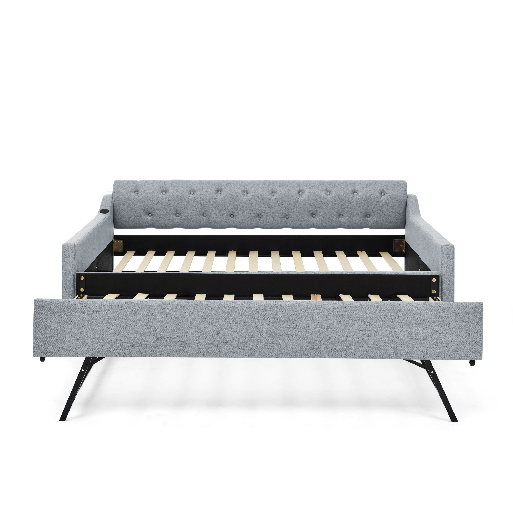 Full Size Upholstery DayBed with Twin Size Erectable Trundle and USB Charging Design, Linen Grey