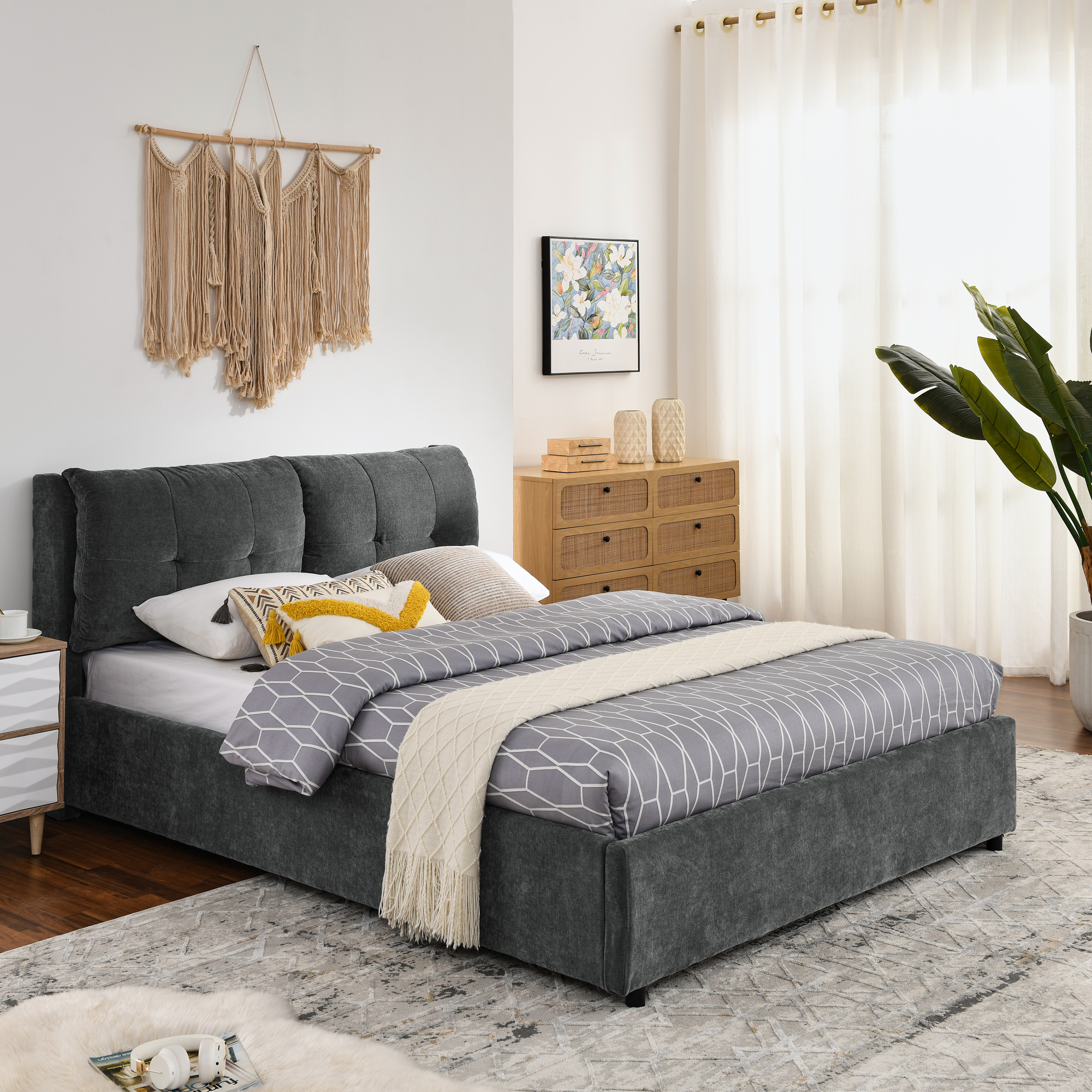 Queen Size Storage Upholstered Hydraulic Platform Bed with Integrated Headboard, Chenille Fabric, Gray