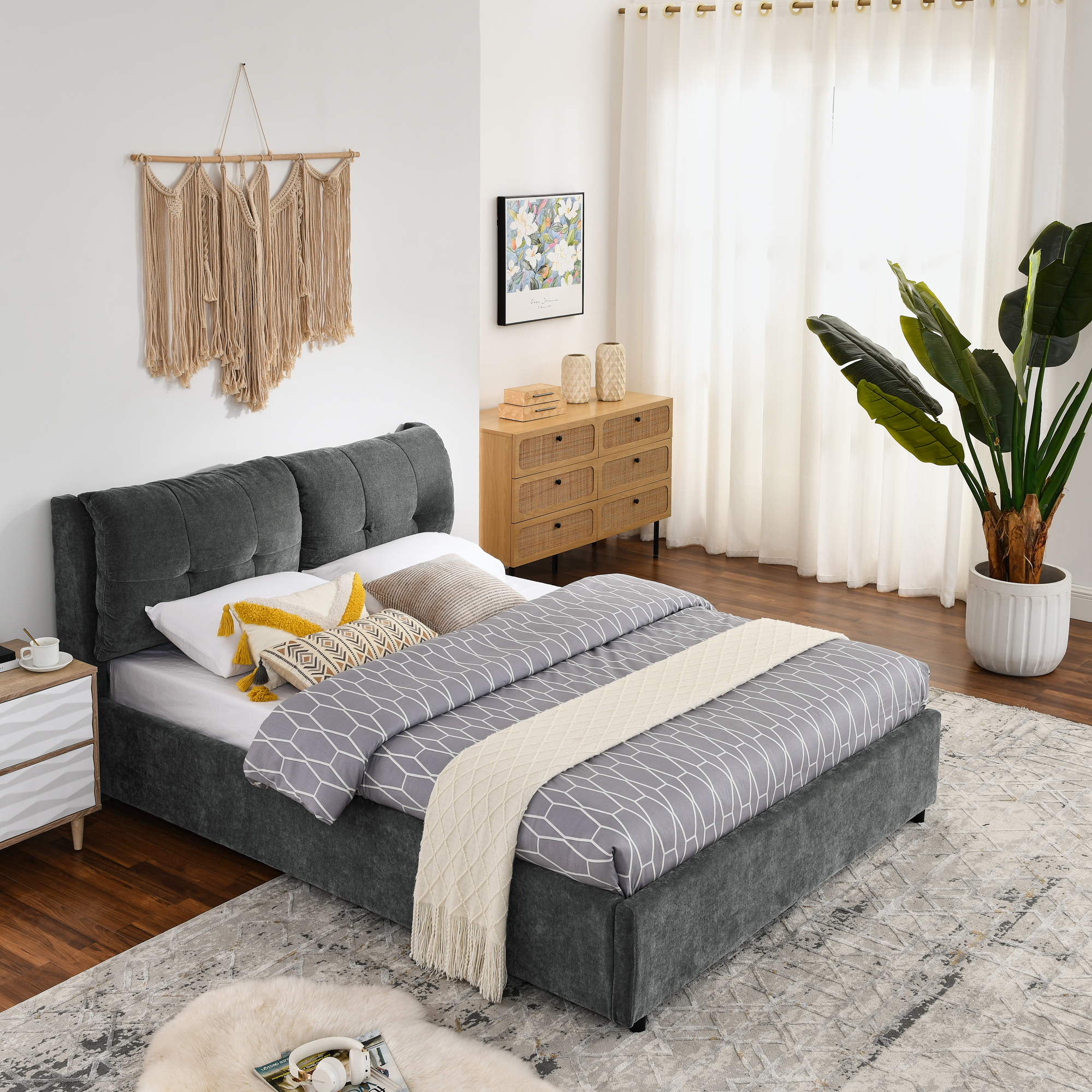 Queen Size Storage Upholstered Hydraulic Platform Bed with Integrated Headboard, Chenille Fabric, Gray