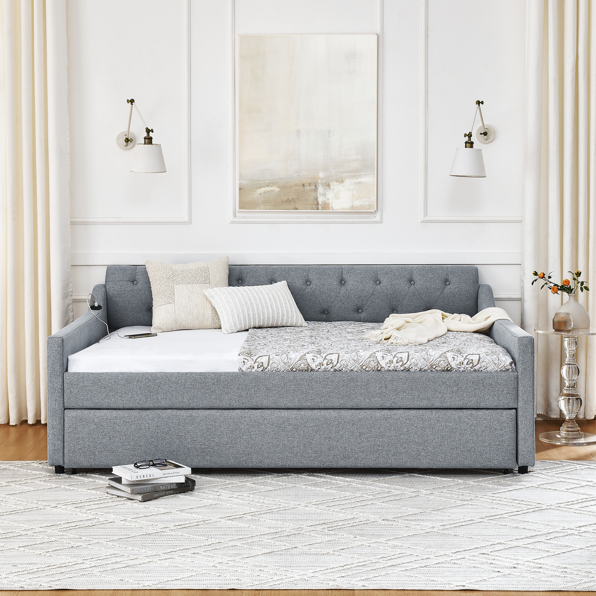 Full Size Upholstery DayBed with Twin Size Erectable Trundle and USB Charging Design, Linen Grey