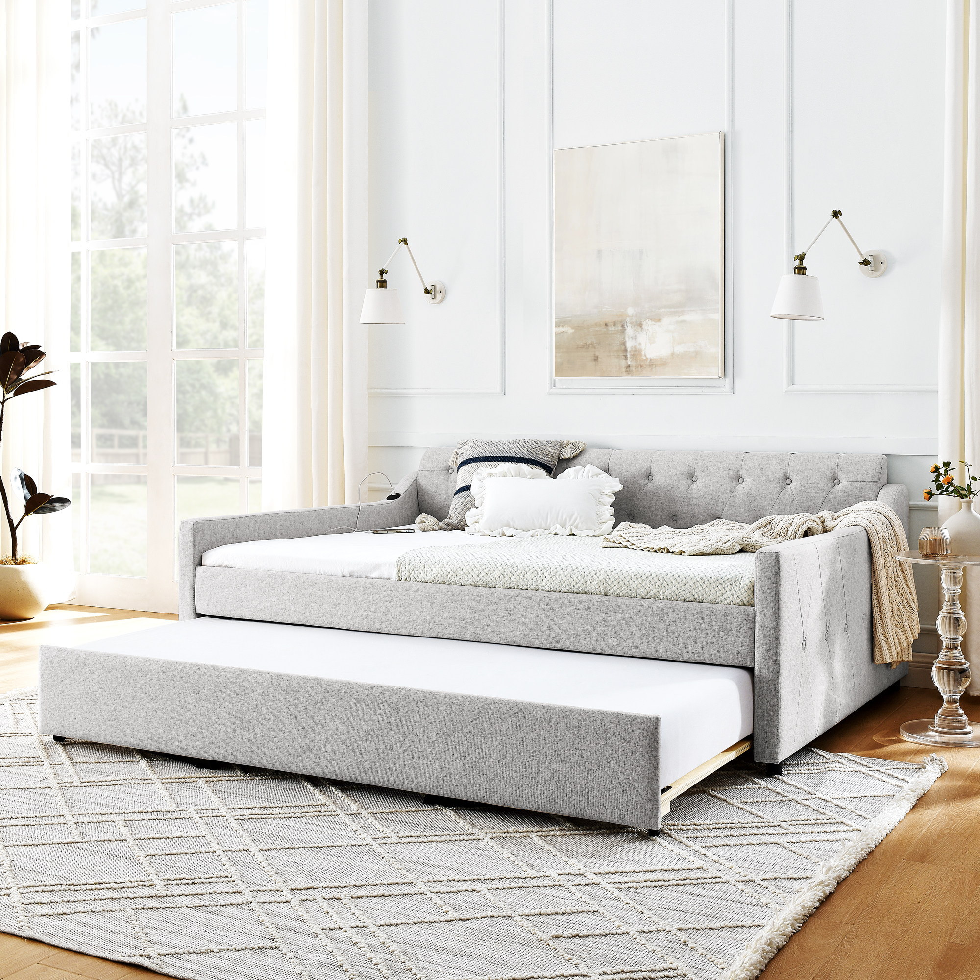 Full Size Upholstery DayBed with Twin Size Erectable Trundle and USB Charging Design, Linen Beige