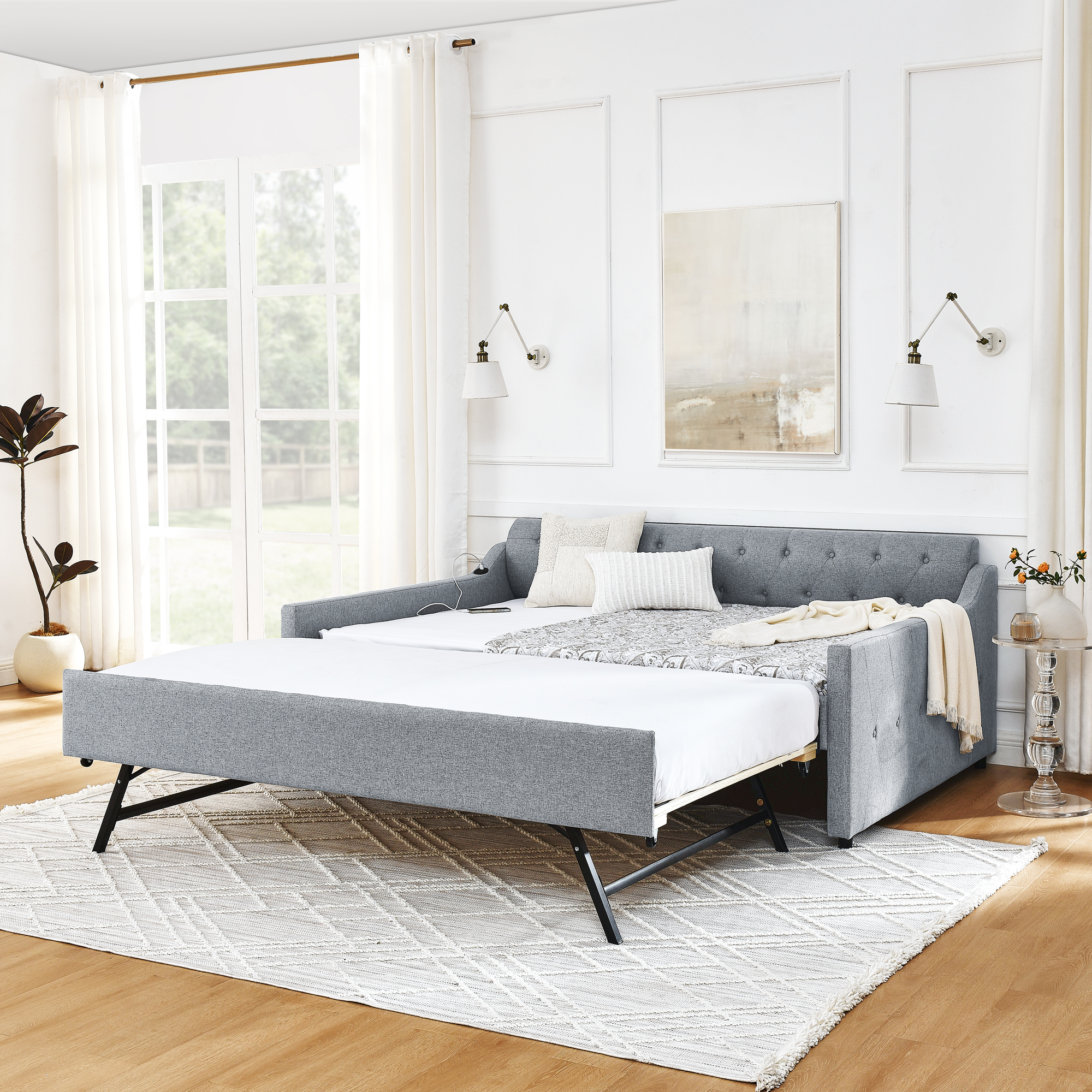 Full Size Upholstery DayBed with Twin Size Erectable Trundle and USB Charging Design, Linen Grey