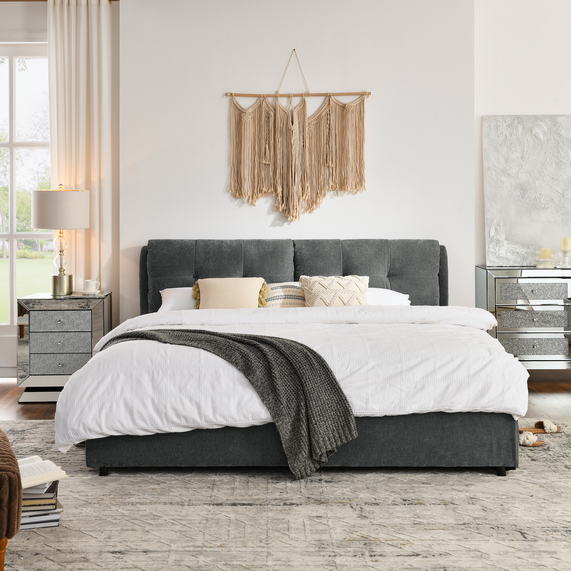 King Size Storage Upholstered Hydraulic Platform Bed with Integrated Headboard, Chenille Fabric, Gray