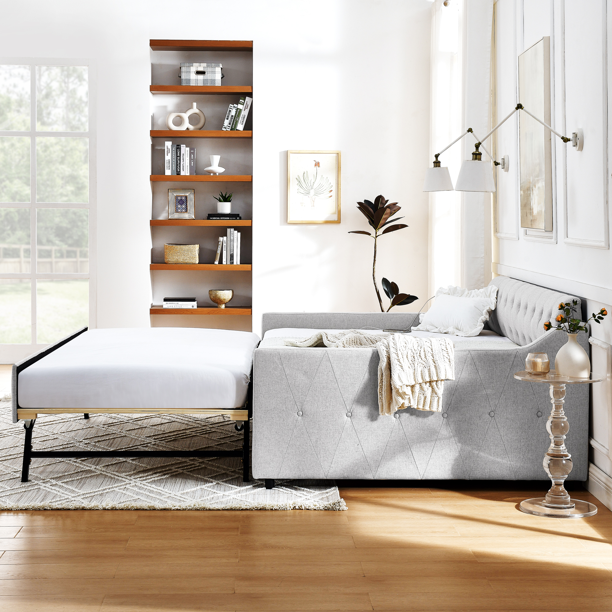 Full Size Upholstery DayBed with Twin Size Erectable Trundle and USB Charging Design, Linen Beige