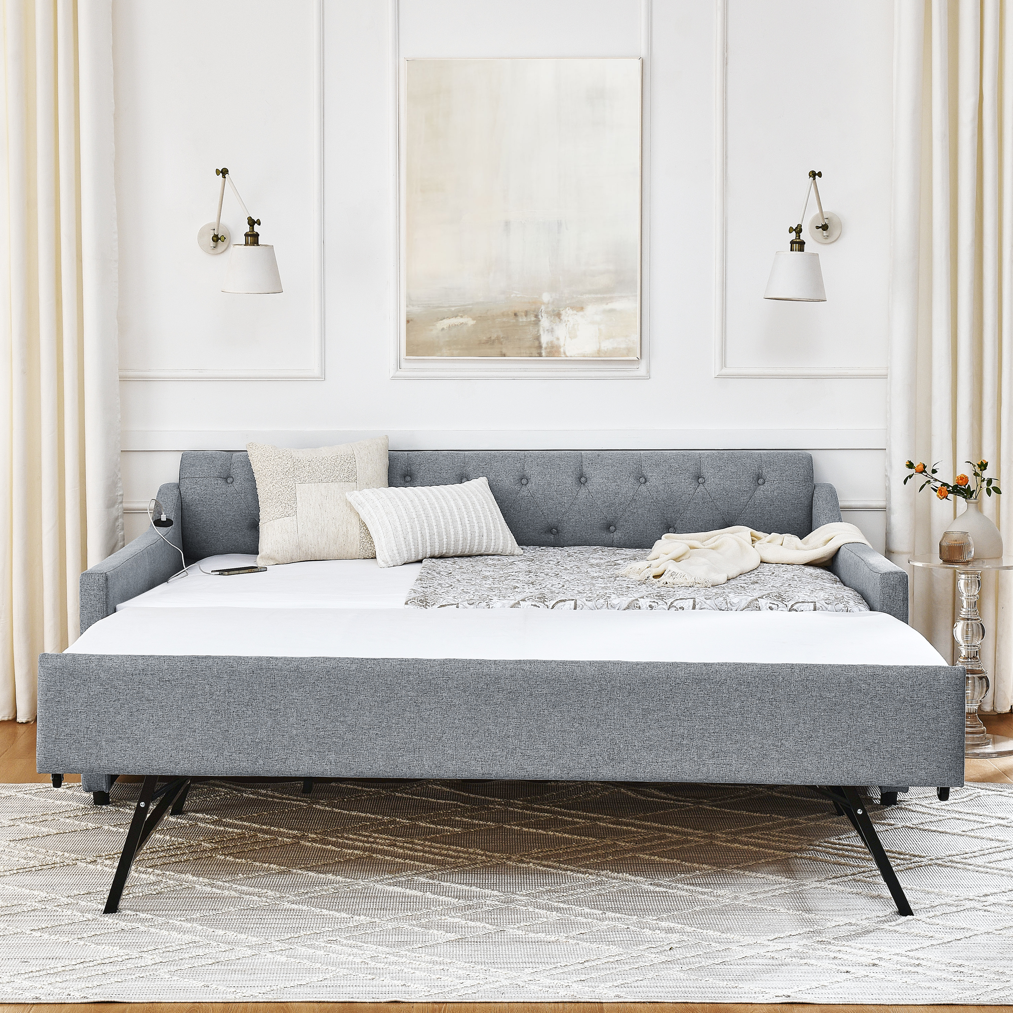 Full Size Upholstery DayBed with Twin Size Erectable Trundle and USB Charging Design, Linen Grey