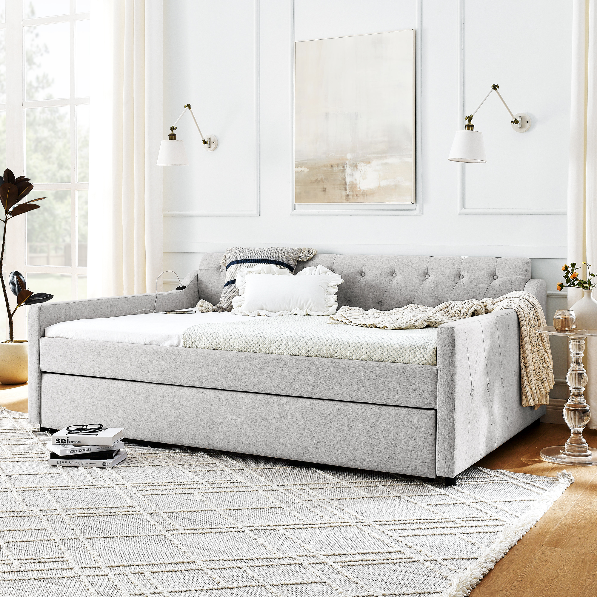 Full Size Upholstery DayBed with Twin Size Erectable Trundle and USB Charging Design, Linen Beige