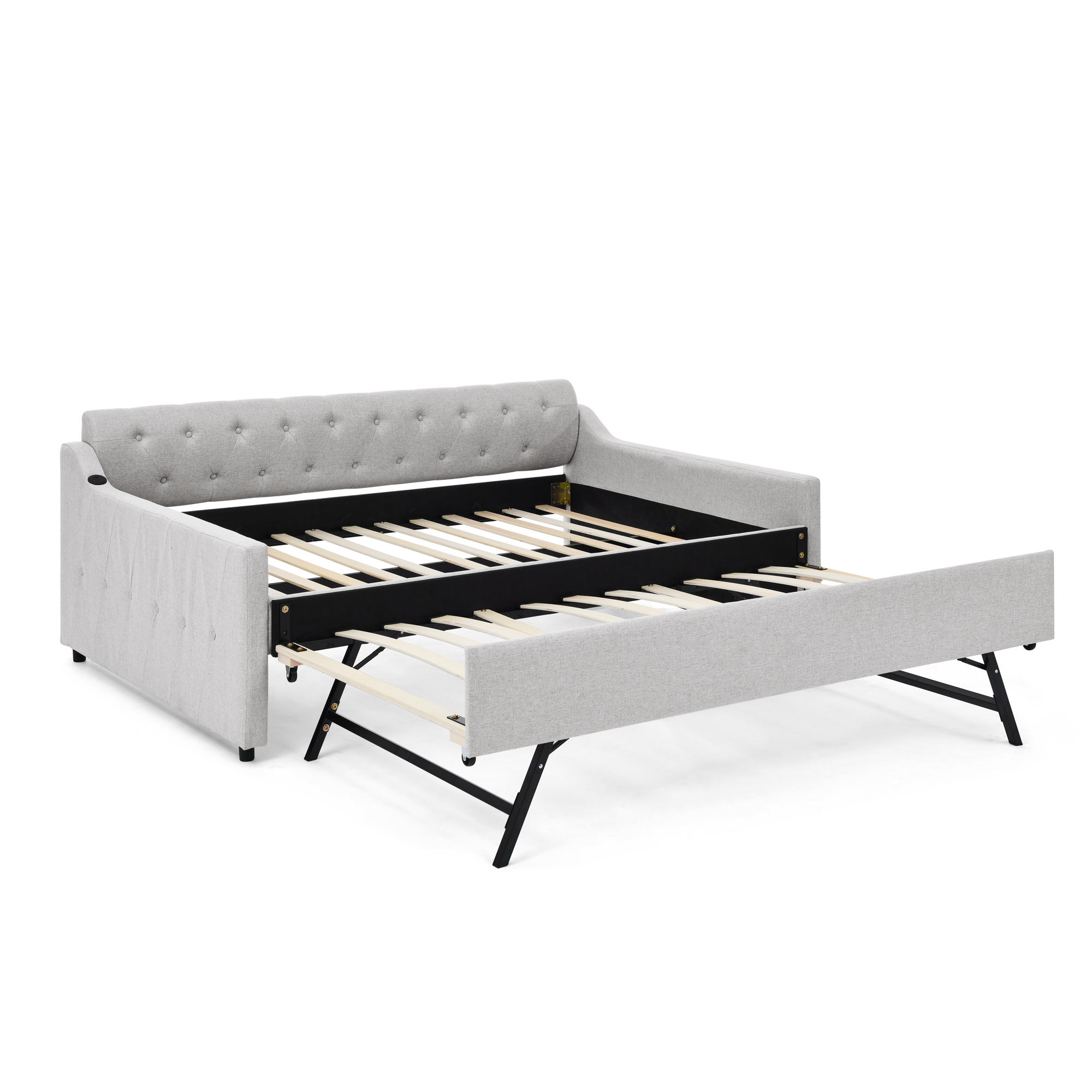 Full Size Upholstery DayBed with Twin Size Erectable Trundle and USB Charging Design, Linen Beige