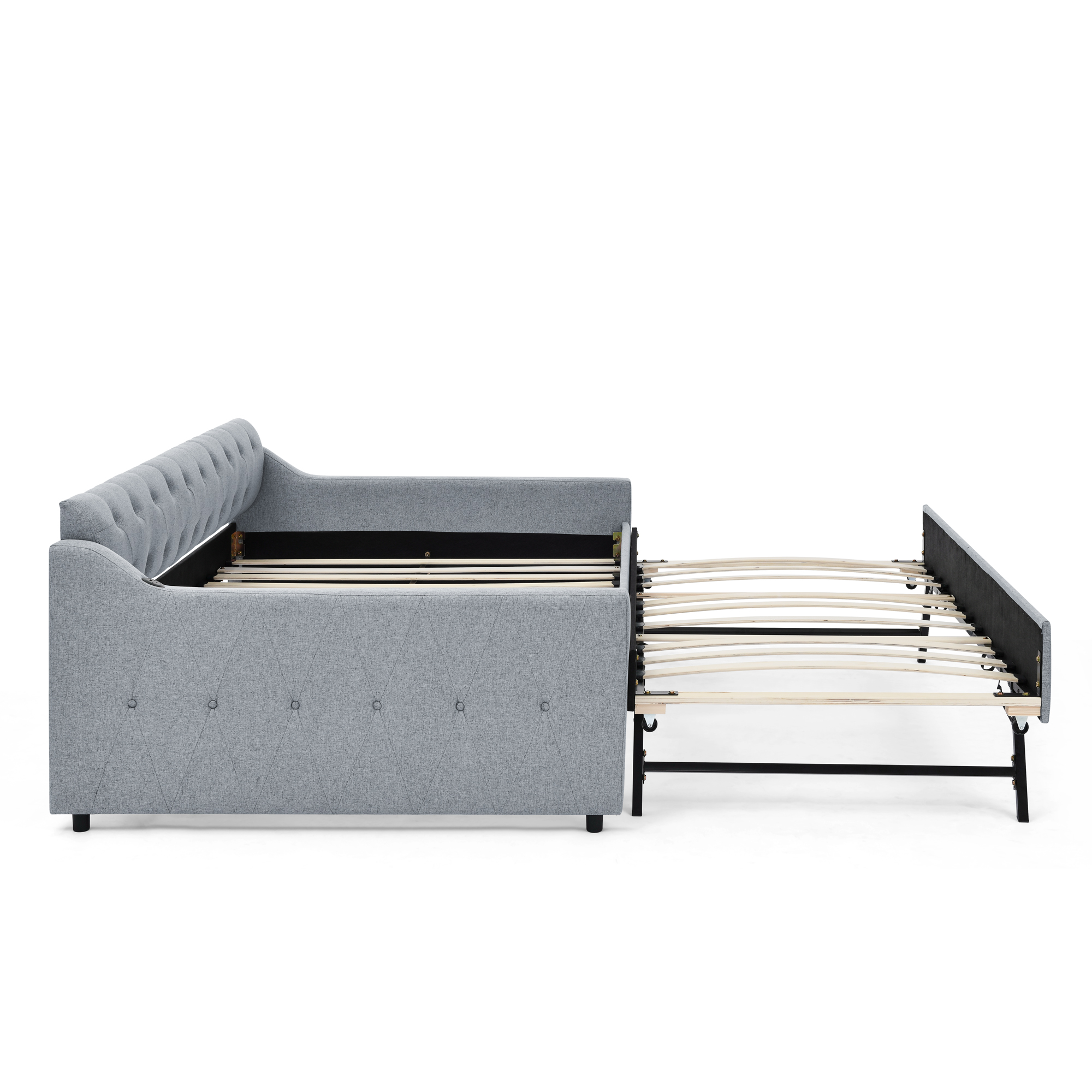 Full Size Upholstery DayBed with Twin Size Erectable Trundle and USB Charging Design, Linen Grey