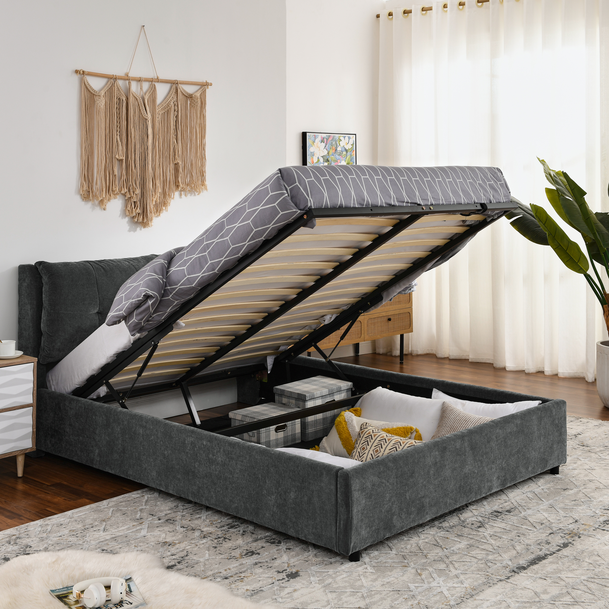 Queen Size Storage Upholstered Hydraulic Platform Bed with Integrated Headboard, Chenille Fabric, Gray