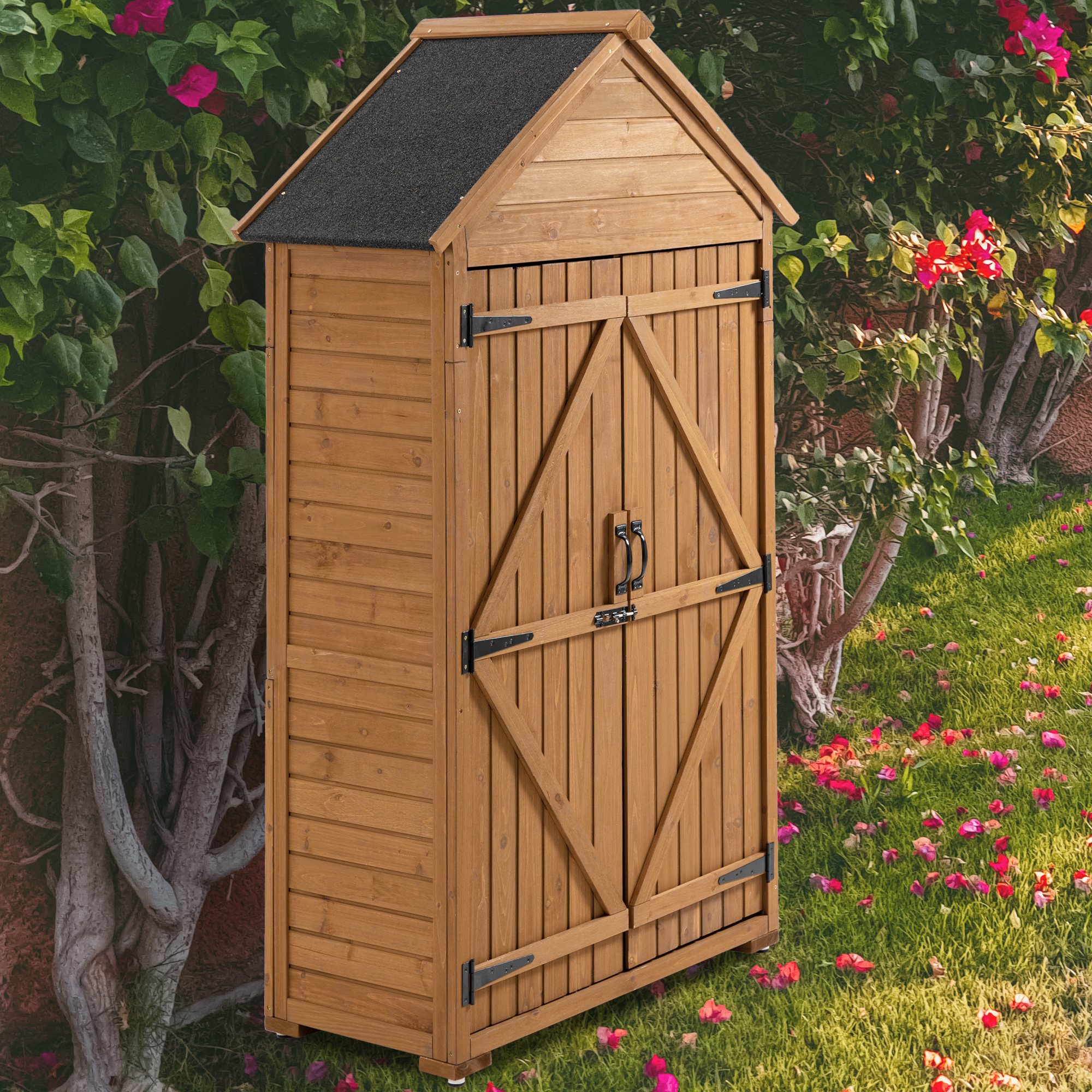 Outdoor Storage Cabinet, Garden Wood Tool Shed, Outside Wooden Shed Closet with Shelves and Latch for Yard 39.56"x 22.04"x 68.89"