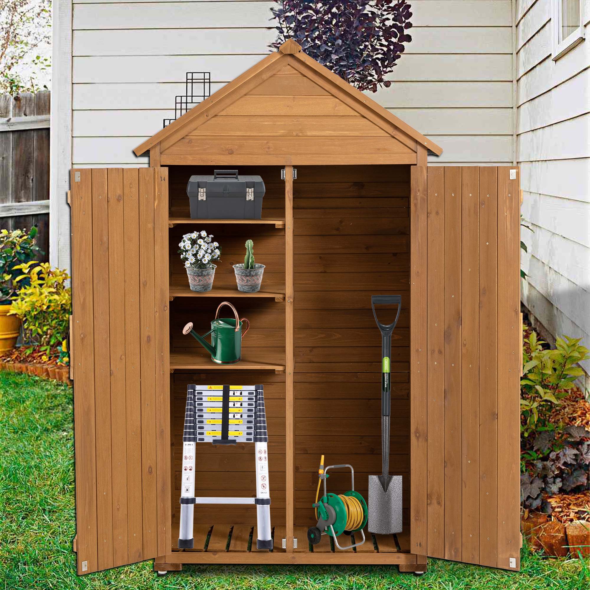 Outdoor Storage Cabinet, Garden Wood Tool Shed, Outside Wooden Shed Closet with Shelves and Latch for Yard 39.56"x 22.04"x 68.89"