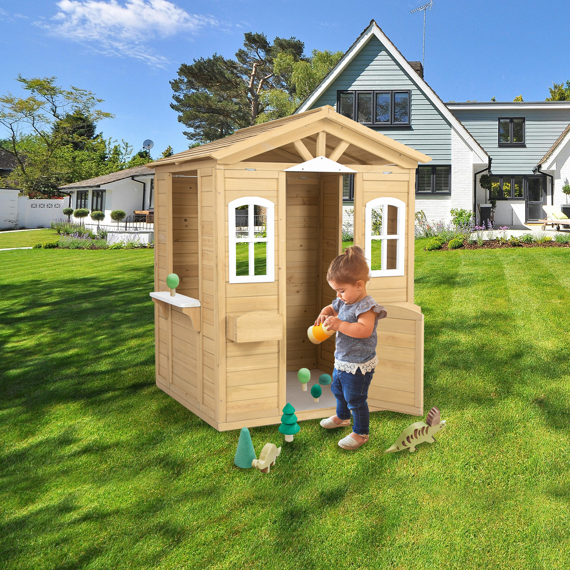 Wooden Playhouse for Kids Outdoor with Working Door, Windows, Mailbox, Flowers Pot Holder, 39" x 38" x 55.5"