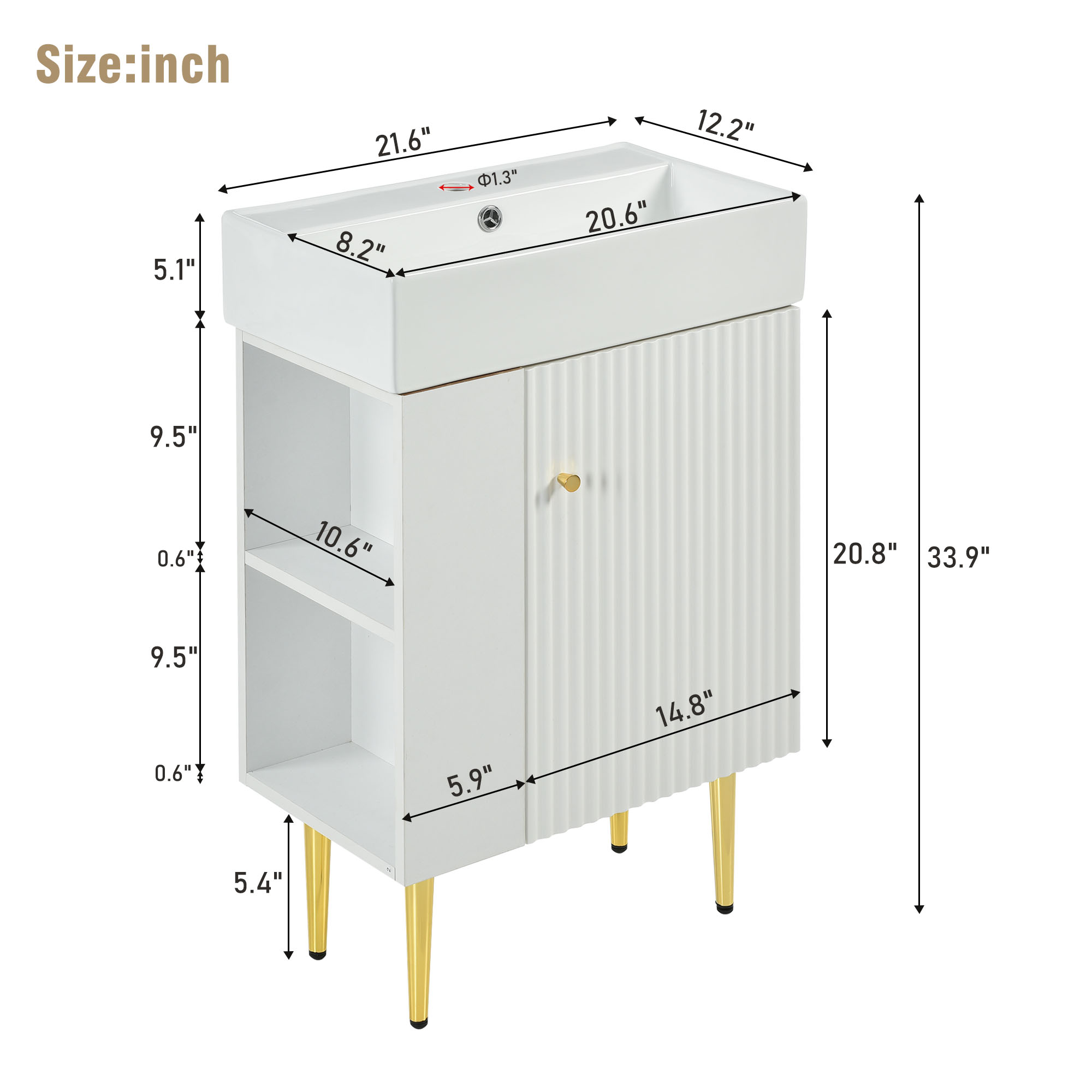 21.6" white Bathroom vanity, Combo Cabinet, Bathroom Storage Cabinet, Single Ceramic Sink, Left side storage