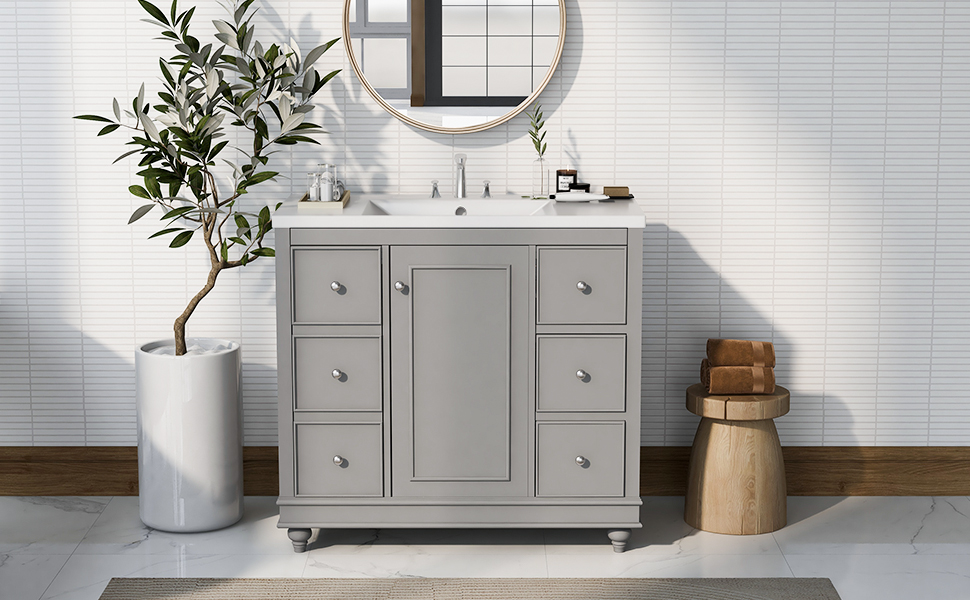 Contemporary Gray Bathroom Vanity Cabinet - 36x18x34 inches, 4 Drawers & 1 Cabinet Door, Multipurpose Storage, Resin Integrated Sink, Adjustable Shelves, Solid Wood Frame with MDF