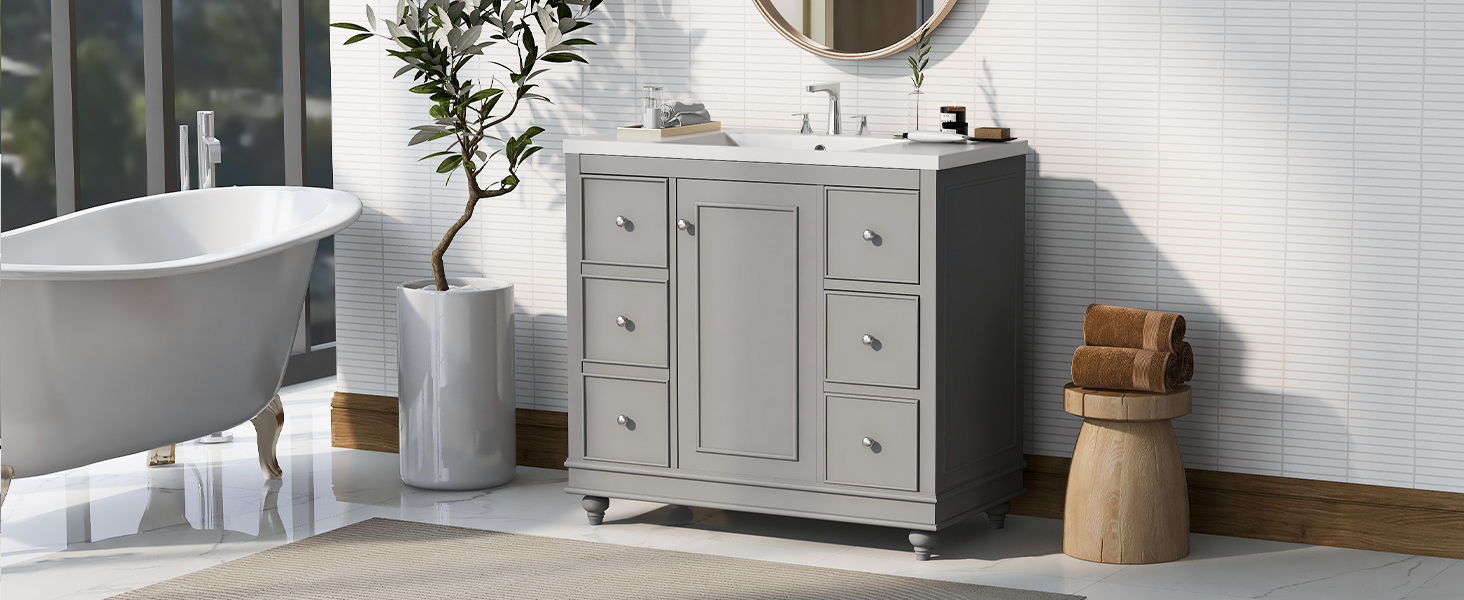 Contemporary Gray Bathroom Vanity Cabinet - 36x18x34 inches, 4 Drawers & 1 Cabinet Door, Multipurpose Storage, Resin Integrated Sink, Adjustable Shelves, Solid Wood Frame with MDF