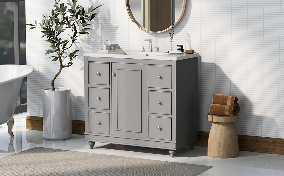 Contemporary Gray Bathroom Vanity Cabinet - 36x18x34 inches, 4 Drawers & 1 Cabinet Door, Multipurpose Storage, Resin Integrated Sink, Adjustable Shelves, Solid Wood Frame with MDF