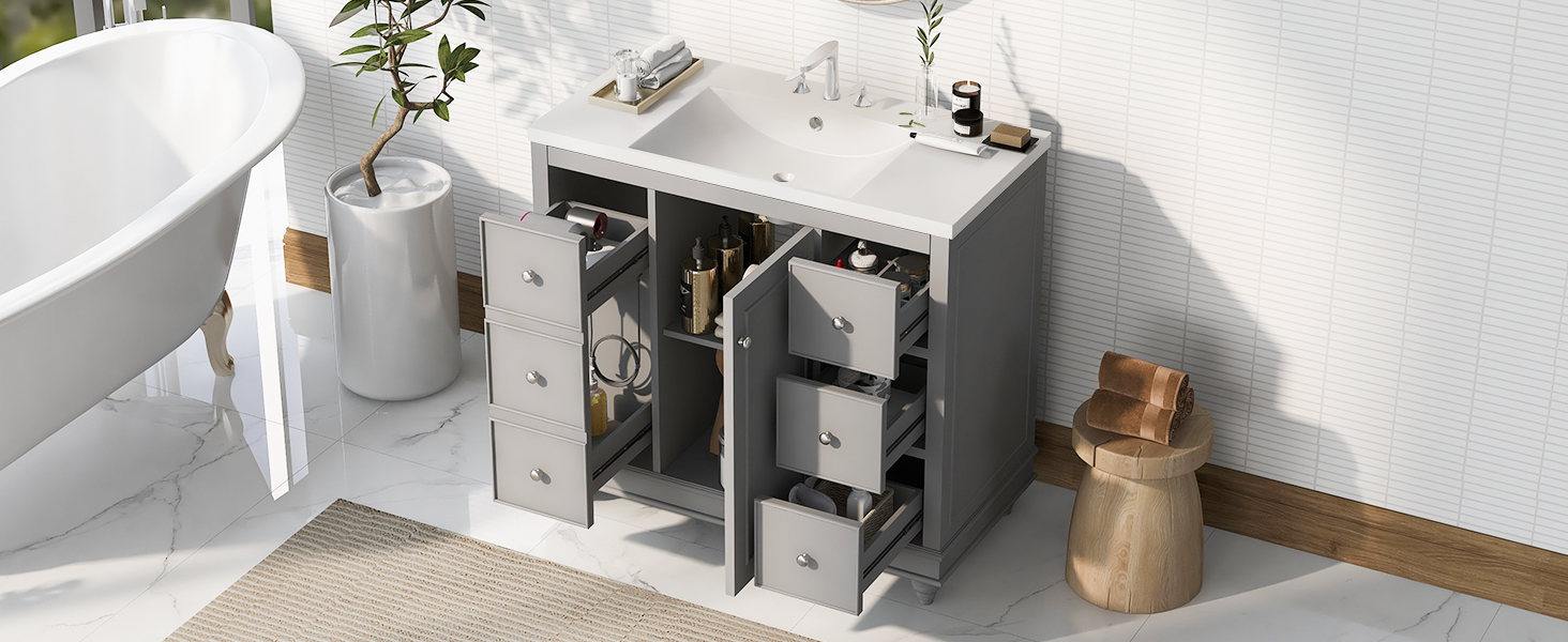 Contemporary Gray Bathroom Vanity Cabinet - 36x18x34 inches, 4 Drawers & 1 Cabinet Door, Multipurpose Storage, Resin Integrated Sink, Adjustable Shelves, Solid Wood Frame with MDF