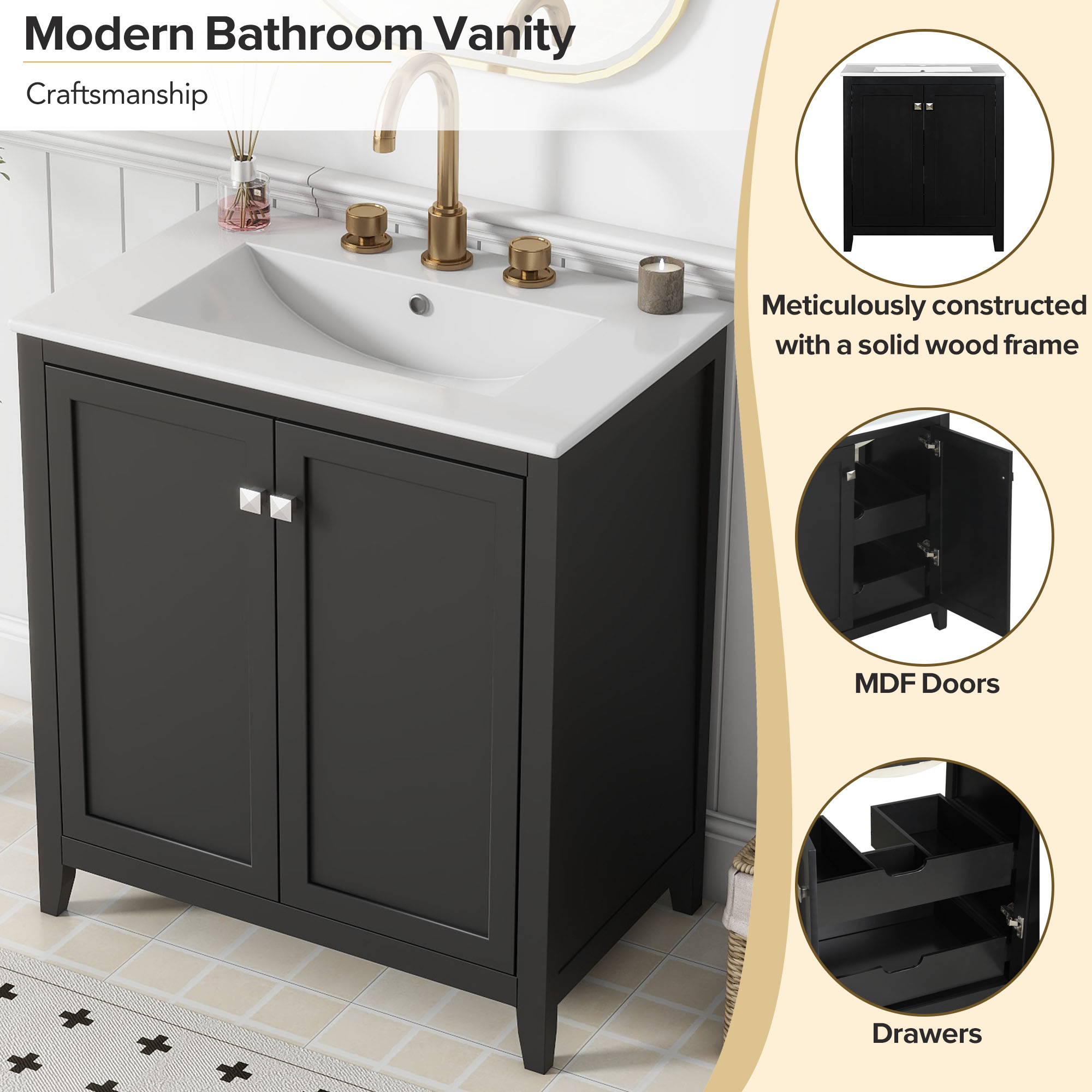 30inch Freestanding Bathroom Vanity Combo with Ceramic Sink Shaker Style  Vanities -2 Doors and 2 Drawers