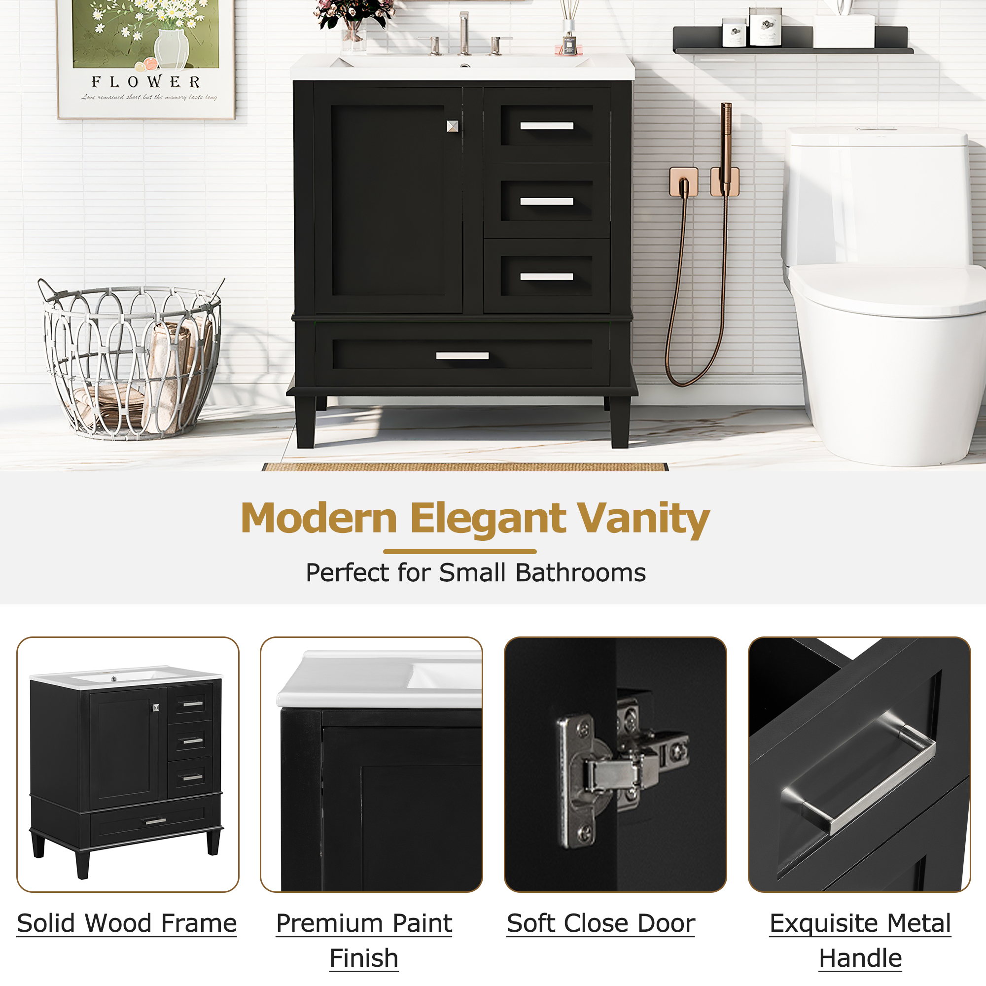 30" Bathroom Vanity , Modern Bathroom Cabinet with Sink Combo Set, Bathroom Storage Cabinet with a Soft Closing Door and 3 Drawers, Solid Wood Frame(Black)