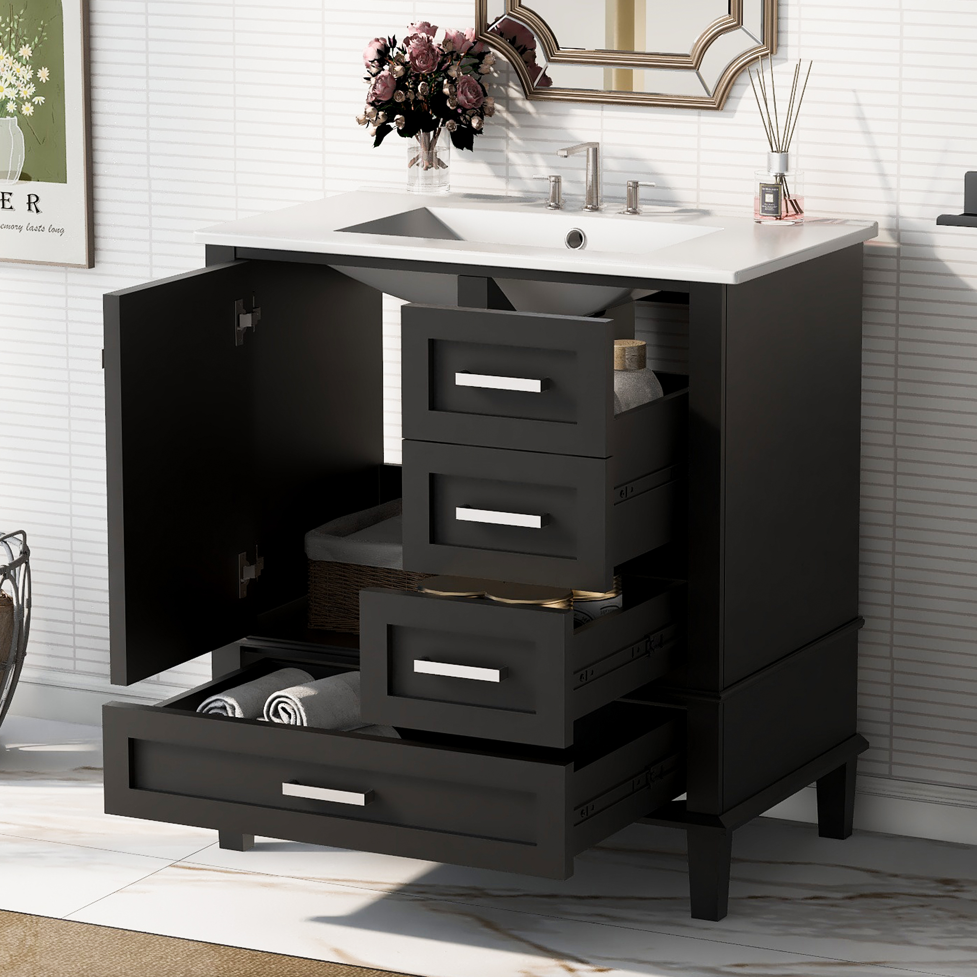 30" Bathroom Vanity , Modern Bathroom Cabinet with Sink Combo Set, Bathroom Storage Cabinet with a Soft Closing Door and 3 Drawers, Solid Wood Frame(Black)