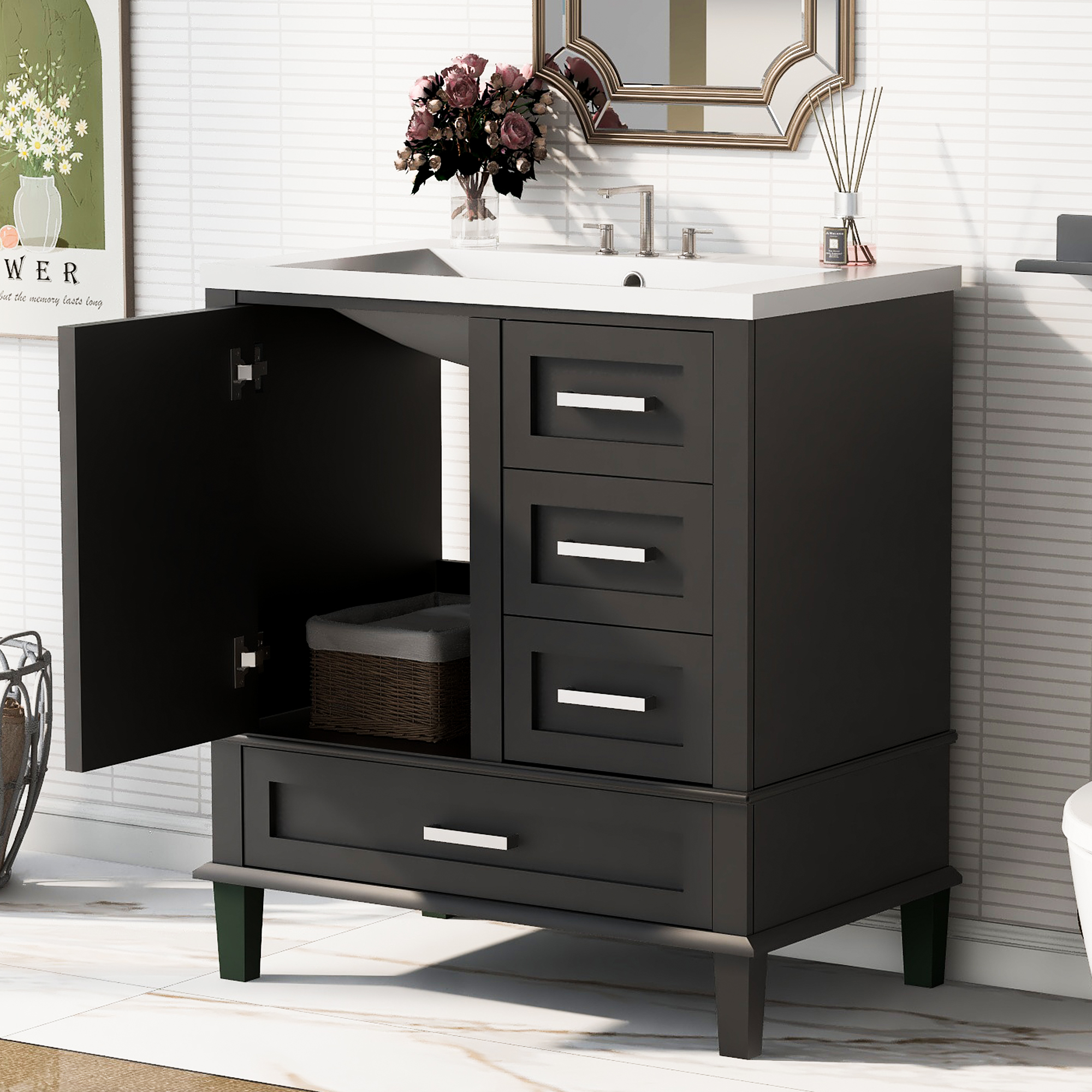 30" Bathroom Vanity , Modern Bathroom Cabinet with Sink Combo Set, Bathroom Storage Cabinet with a Soft Closing Door and 3 Drawers, Solid Wood Frame(Black)