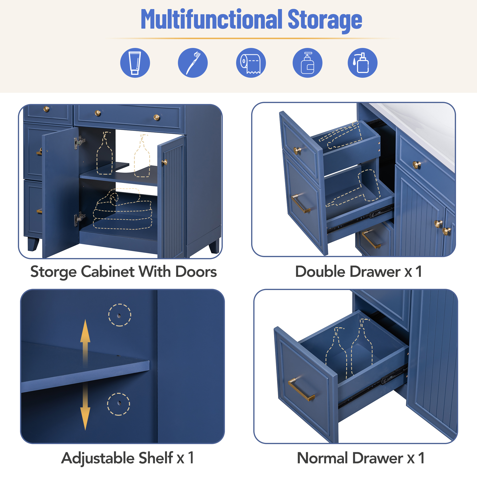 [Cabinet Only] 36" Blue Bathroom Vanity(Sink not included)