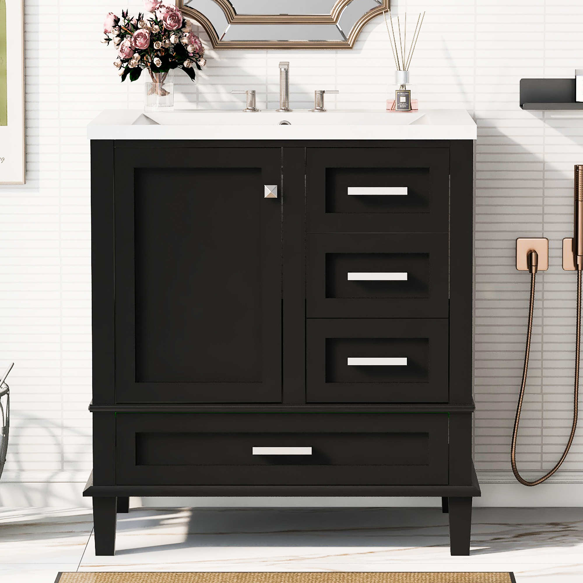 30" Bathroom Vanity , Modern Bathroom Cabinet with Sink Combo Set, Bathroom Storage Cabinet with a Soft Closing Door and 3 Drawers, Solid Wood Frame(Black)