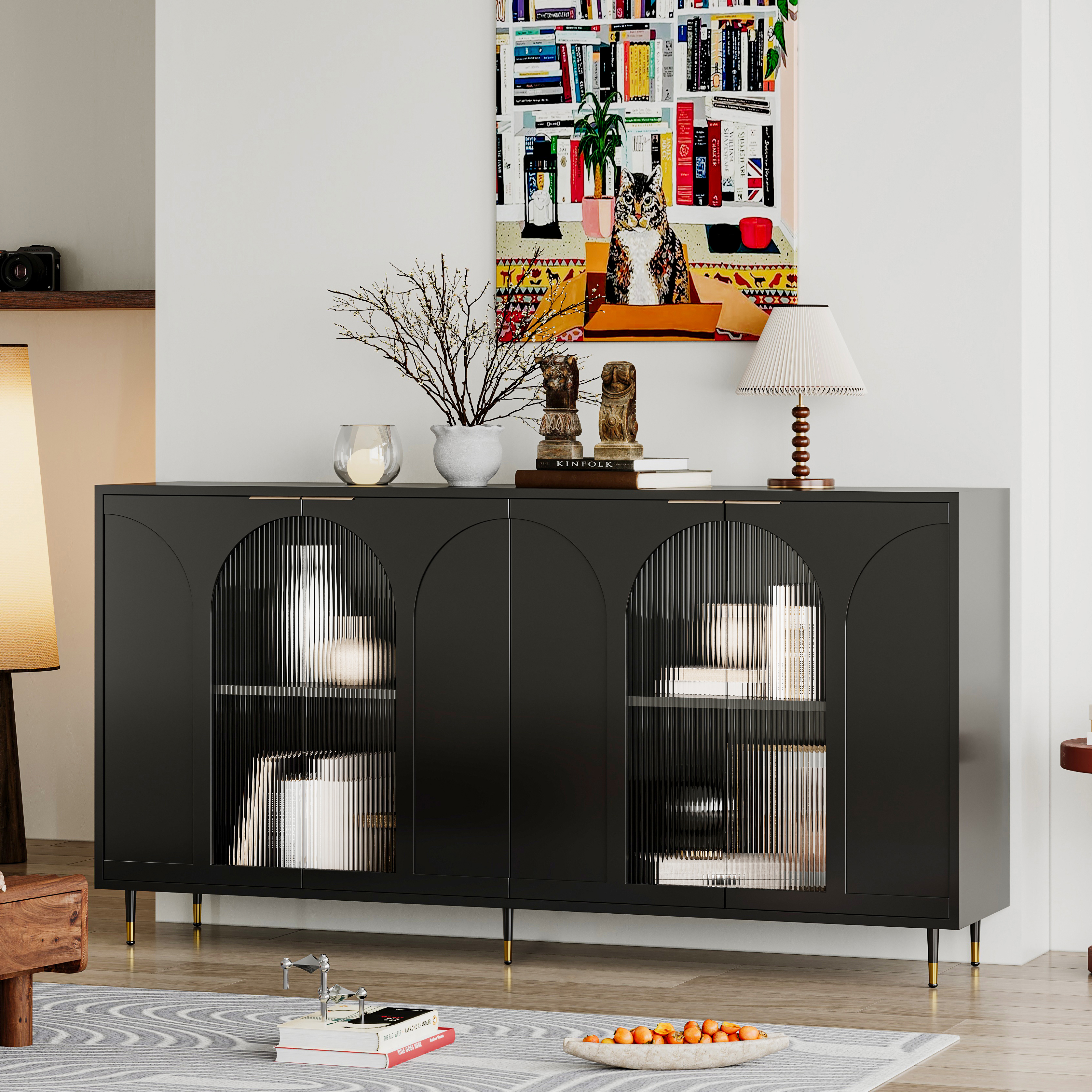 Accent Cabinet Black Lacquered Wooden Cabinet with 4 Glass Doors Sideboard Buffet Server Cabinet Storage Cabinet, for Living Room, Entryway, Hallway, Office, Kitchen and Dining Room